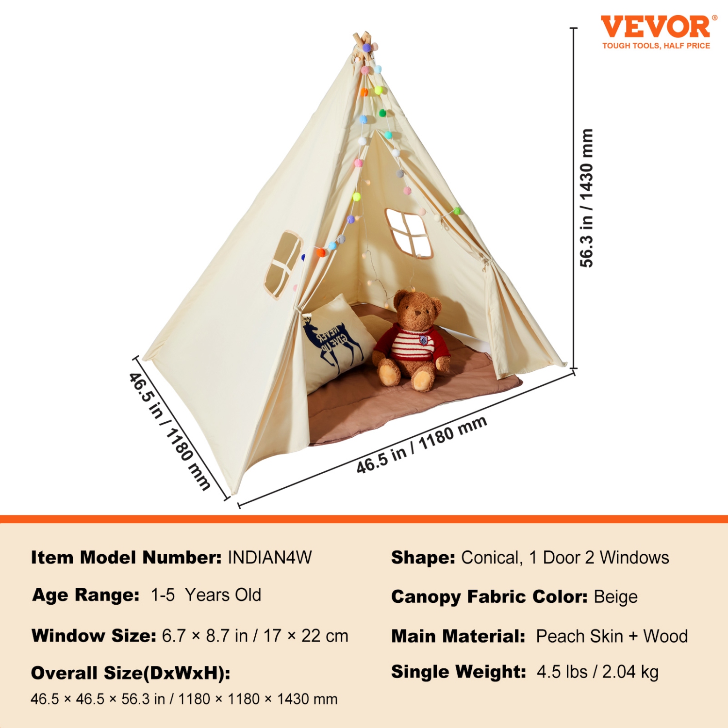 VEVOR Kids Play Tent, Teepee Tent for Kids 1-5 Years Old, Toddler Tent with Mat and Plush Decorative Balls, Tent for Kids with Windows for Indoor and