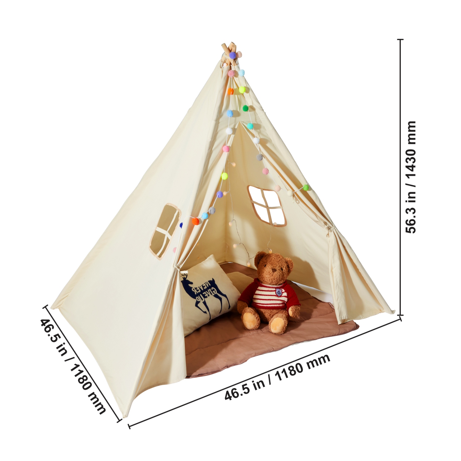 VEVOR Kids Play Tent, Teepee Tent for Kids 1-5 Years Old, Toddler Tent with Mat and Plush Decorative Balls, Tent for Kids with Windows for Indoor and