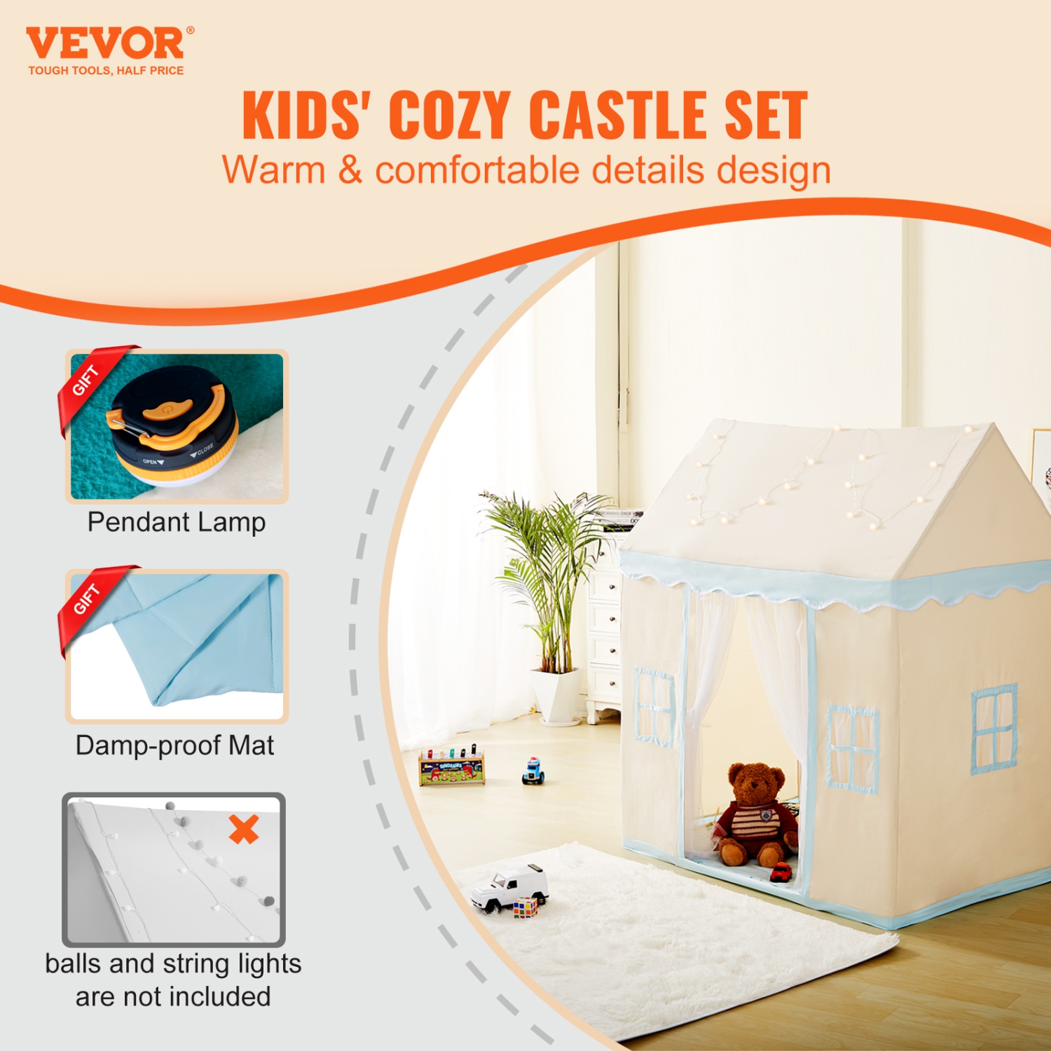 VEVOR Kids Play Tent, Kids Tent for Kids 1-5 Years Old, Toddler Tent with Mat and Tent Lamp, Tent for Kids with Windows for Indoor and Outdoor, Play