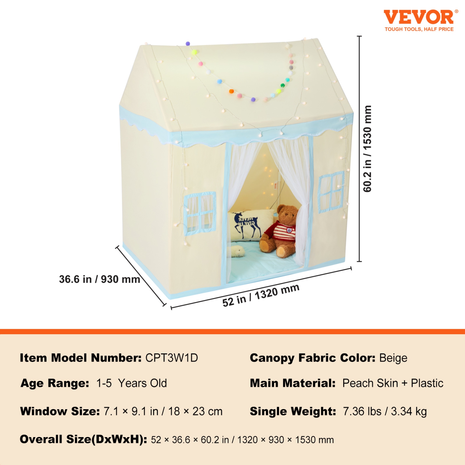 VEVOR Kids Play Tent, Kids Tent for Kids 1-5 Years Old, Toddler Tent with Mat and Tent Lamp, Tent for Kids with Windows for Indoor and Outdoor, Play