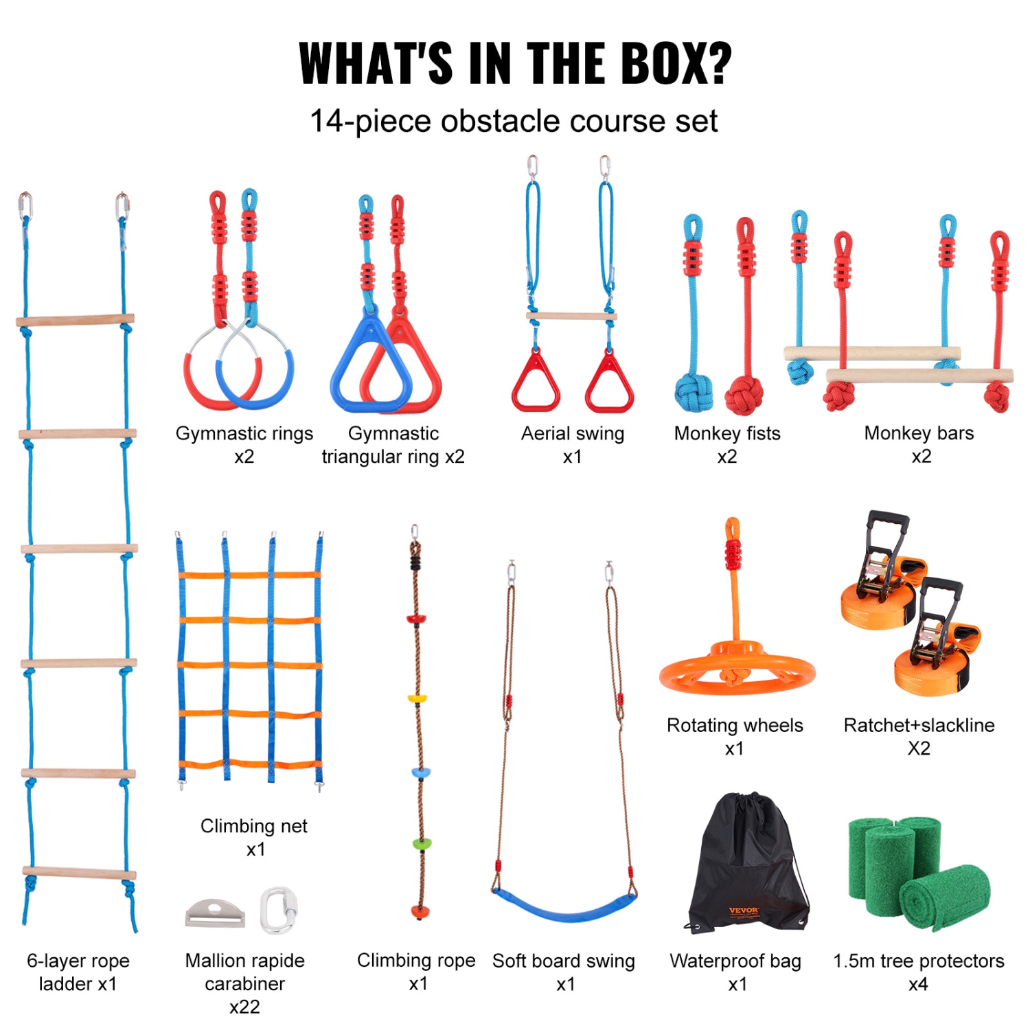 VEVOR 2 x 60 ft Ninja Warrior Obstacle Course for Kids, Weatherproof Slacklines, 500lbs Weight Capacity Monkey Line, Outdoor Equipment, Backyard Toys