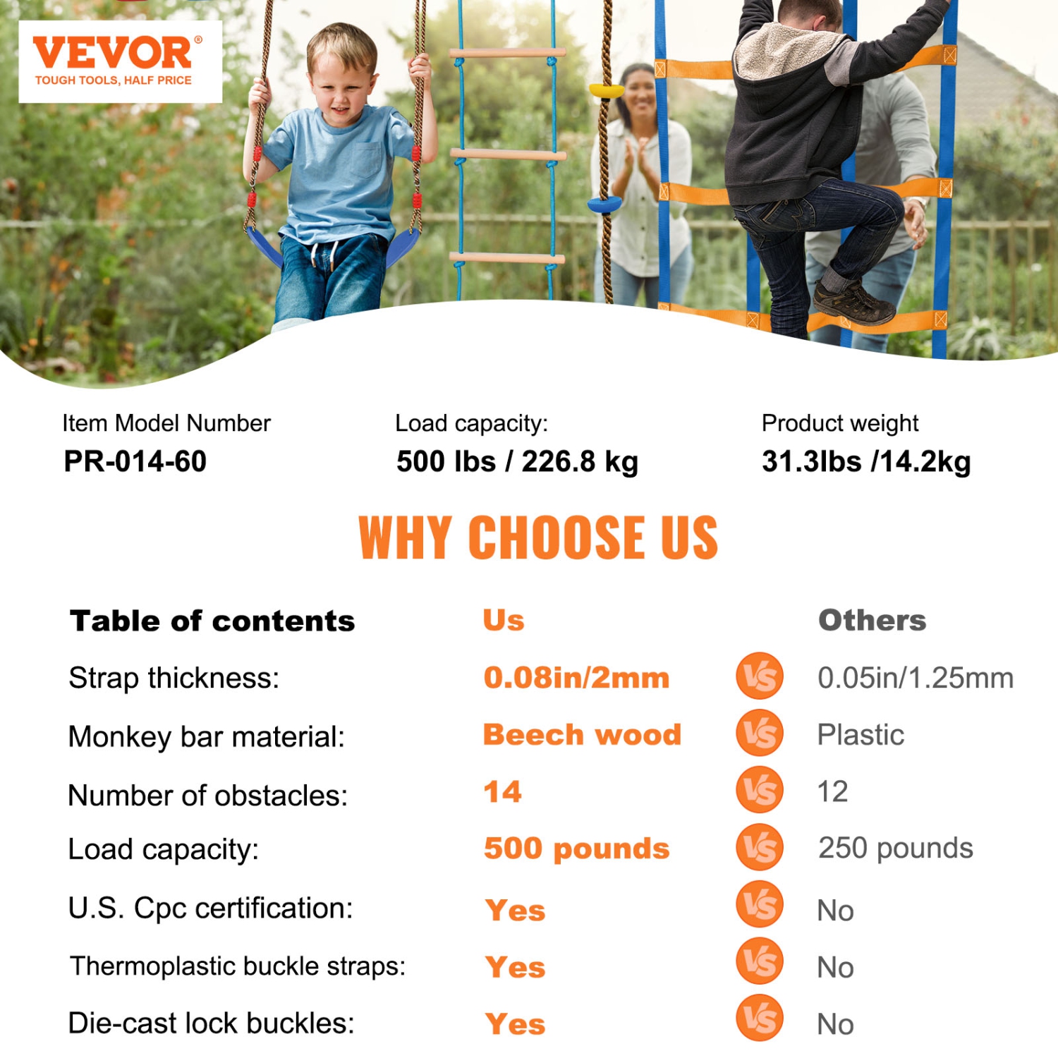 VEVOR 2 x 60 ft Ninja Warrior Obstacle Course for Kids, Weatherproof Slacklines, 500lbs Weight Capacity Monkey Line, Outdoor Equipment, Backyard Toys