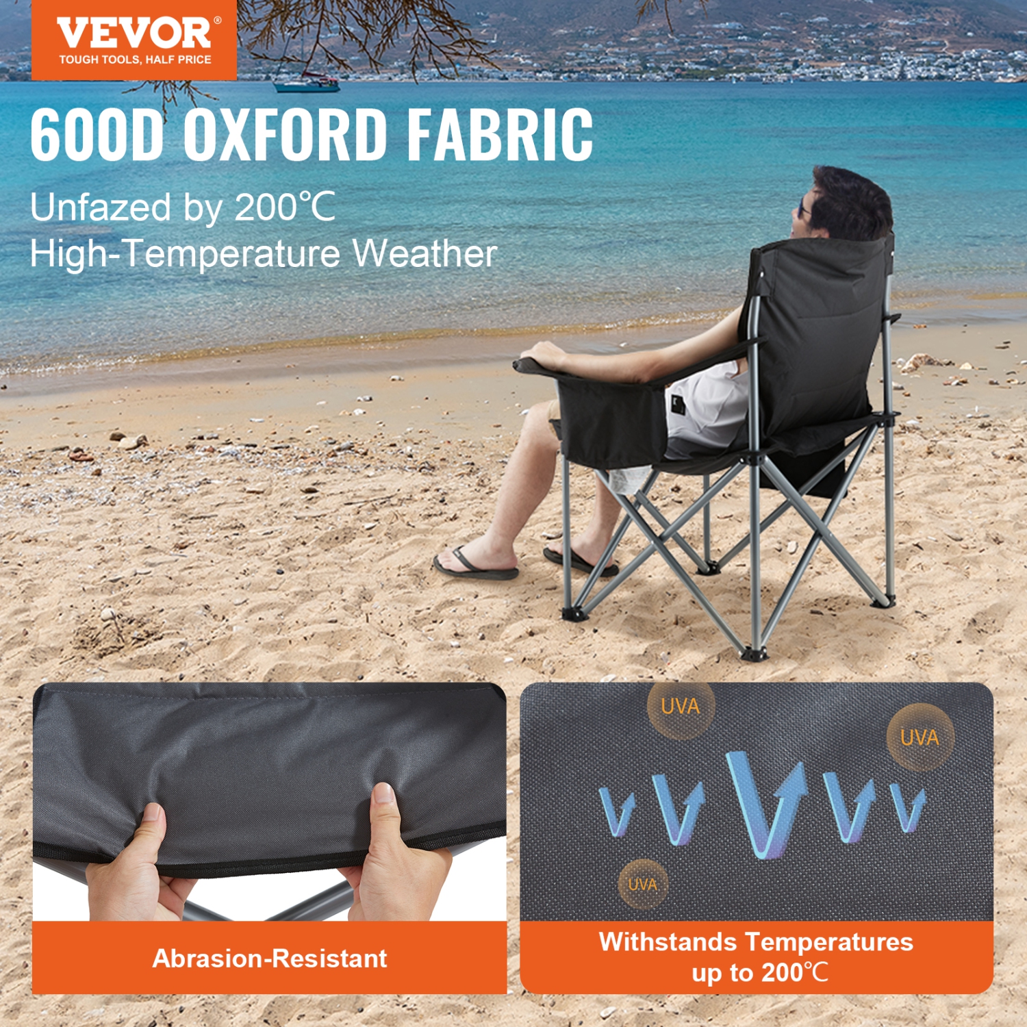 VEVOR Camping Chair for Adults, Heavy Duty Quad Lumbar Back Padded Arm Chairs with Side Pockets, Cup Holder and Cooler Bag for Beach, Lawn, Picnic,