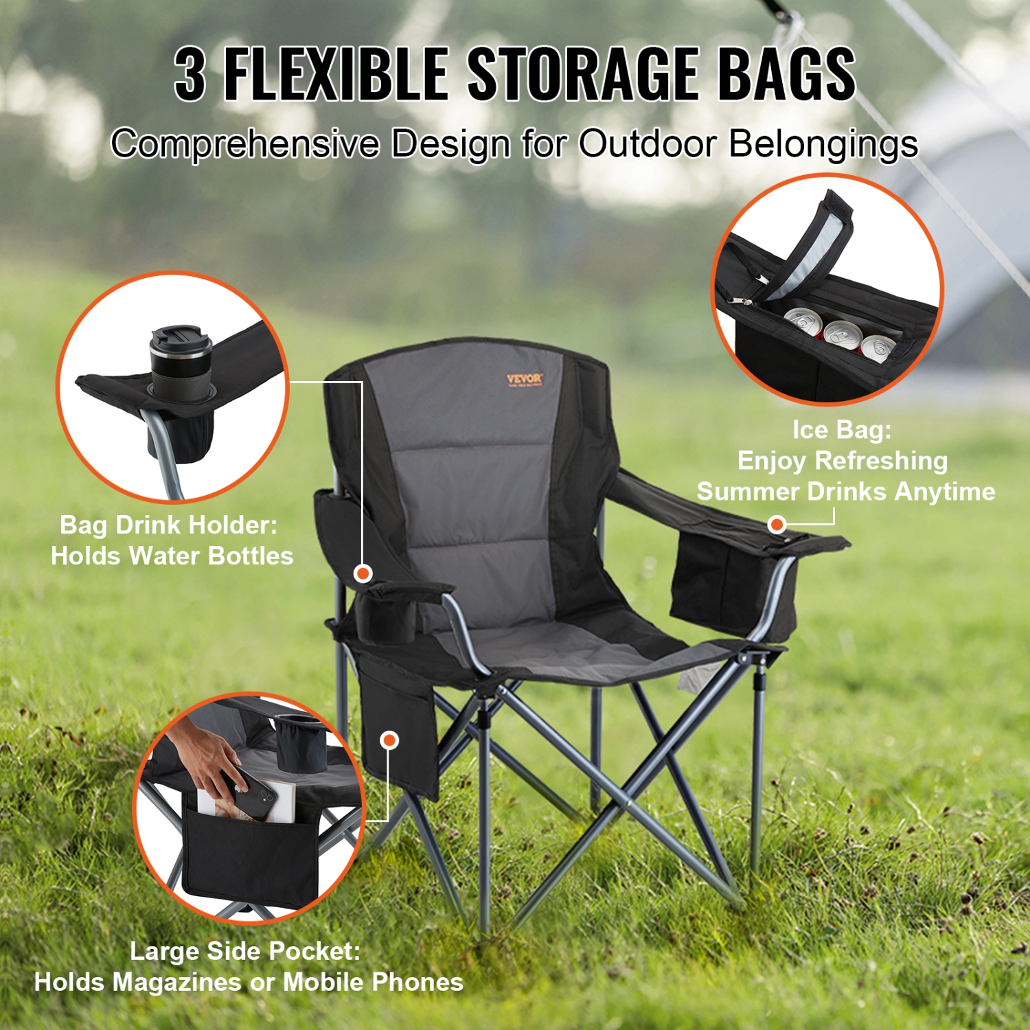 VEVOR Camping Chair for Adults, Heavy Duty Quad Lumbar Back Padded Arm Chairs with Side Pockets, Cup Holder and Cooler Bag for Beach, Lawn, Picnic,