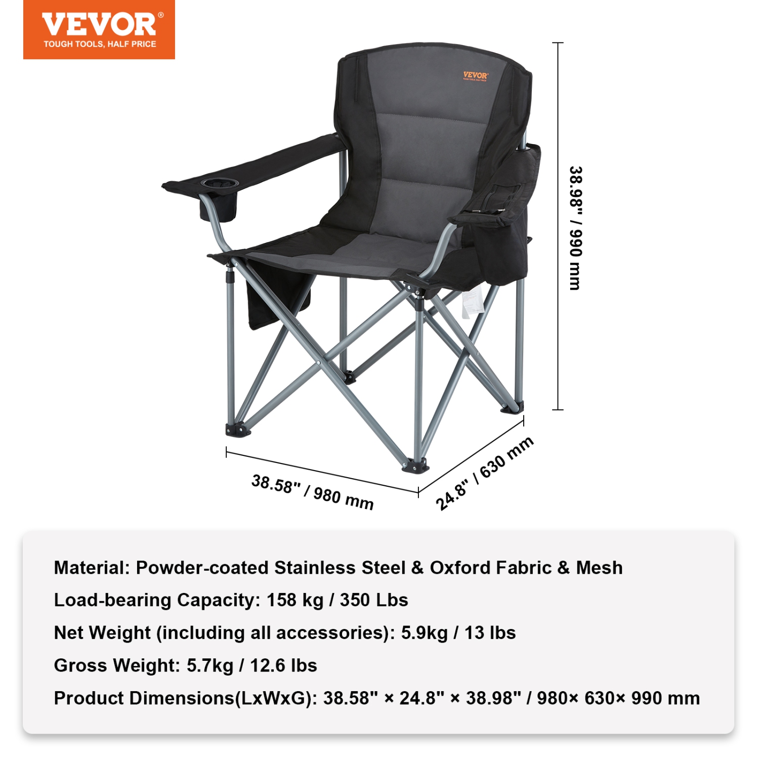 VEVOR Camping Chair for Adults, Heavy Duty Quad Lumbar Back Padded Arm Chairs with Side Pockets, Cup Holder and Cooler Bag for Beach, Lawn, Picnic,