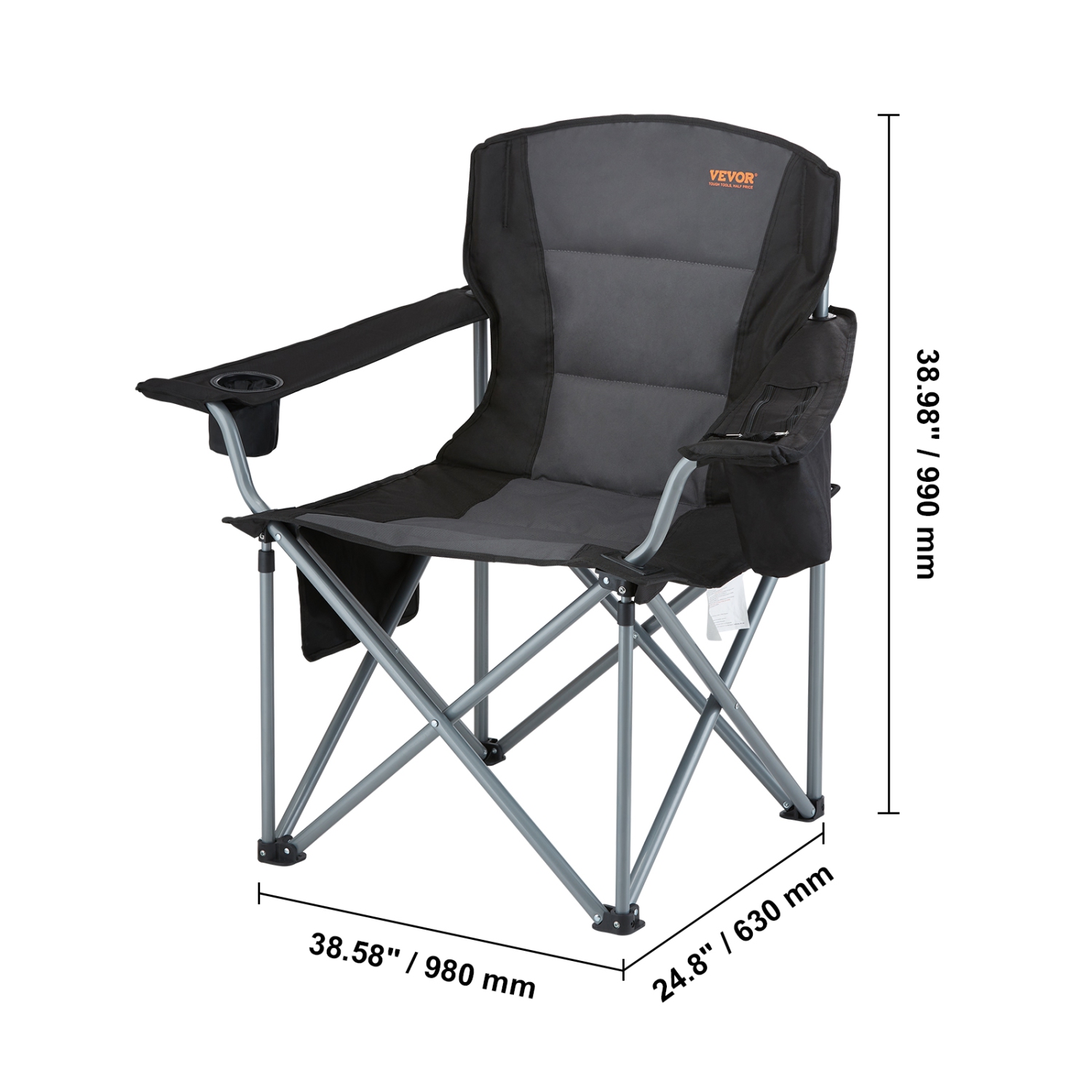 VEVOR Camping Chair for Adults, Heavy Duty Quad Lumbar Back Padded Arm Chairs with Side Pockets, Cup Holder and Cooler Bag for Beach, Lawn, Picnic,