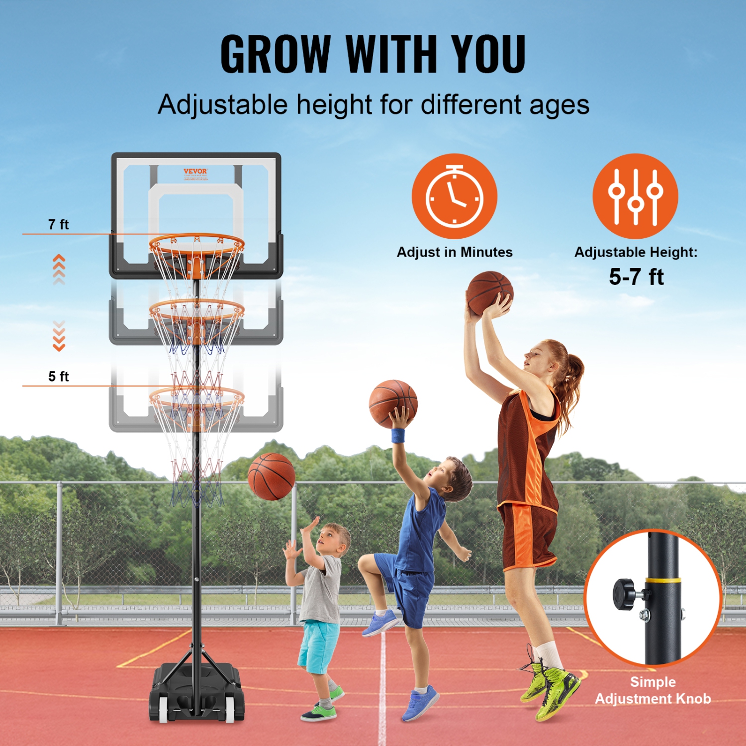 VEVOR 5-7 ft Basketball Hoop, Adjustable Height Portable Backboard System, 32 inch Basketball Hoop & Goal, Kids & Adults Basketball Set with Wheels,