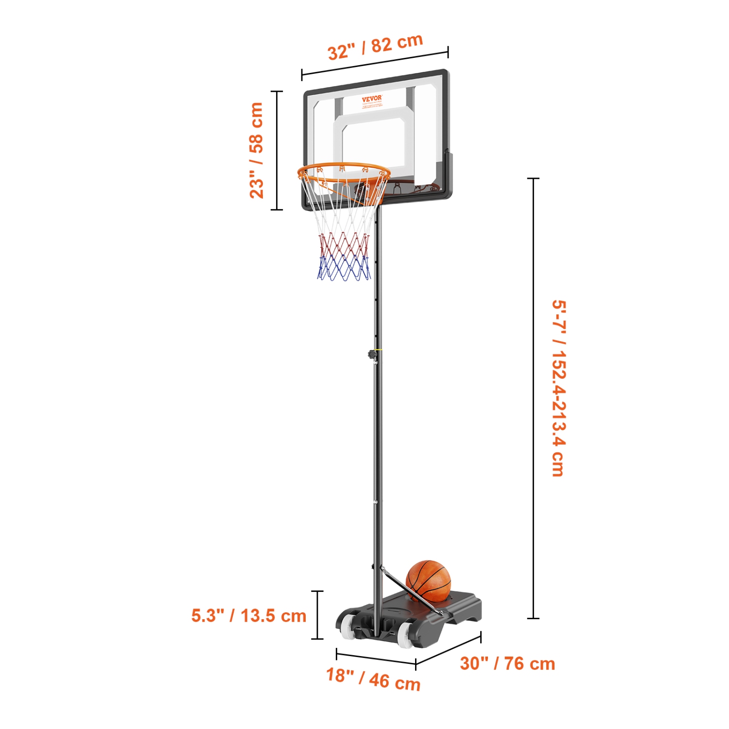 VEVOR 5-7 ft Basketball Hoop, Adjustable Height Portable Backboard System, 32 inch Basketball Hoop & Goal, Kids & Adults Basketball Set with Wheels,