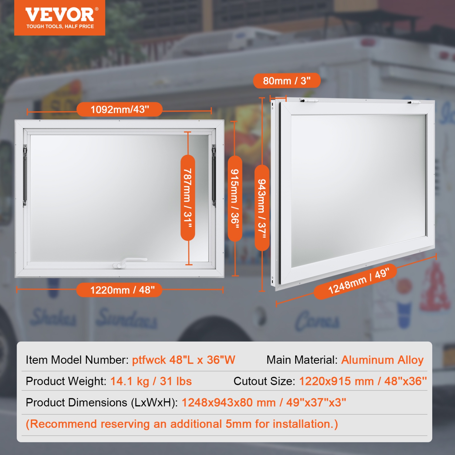 VEVOR 48"x36" Concession Window, Aluminum Alloy Food Truck Service Window with Awning Door & Drag Hook, Up to 85 Degrees Window for Trucks Concession