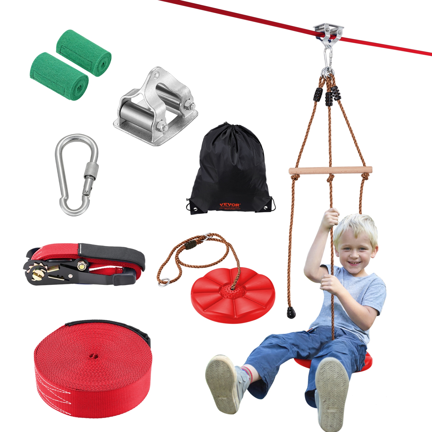 VEVOR 65 ft Zipline Kit for Kids and Adult, Zip Line Kits Up to 500 lb, Backyard Setup Zipline, Playground Entertainment with Zipline, Nylon Safety