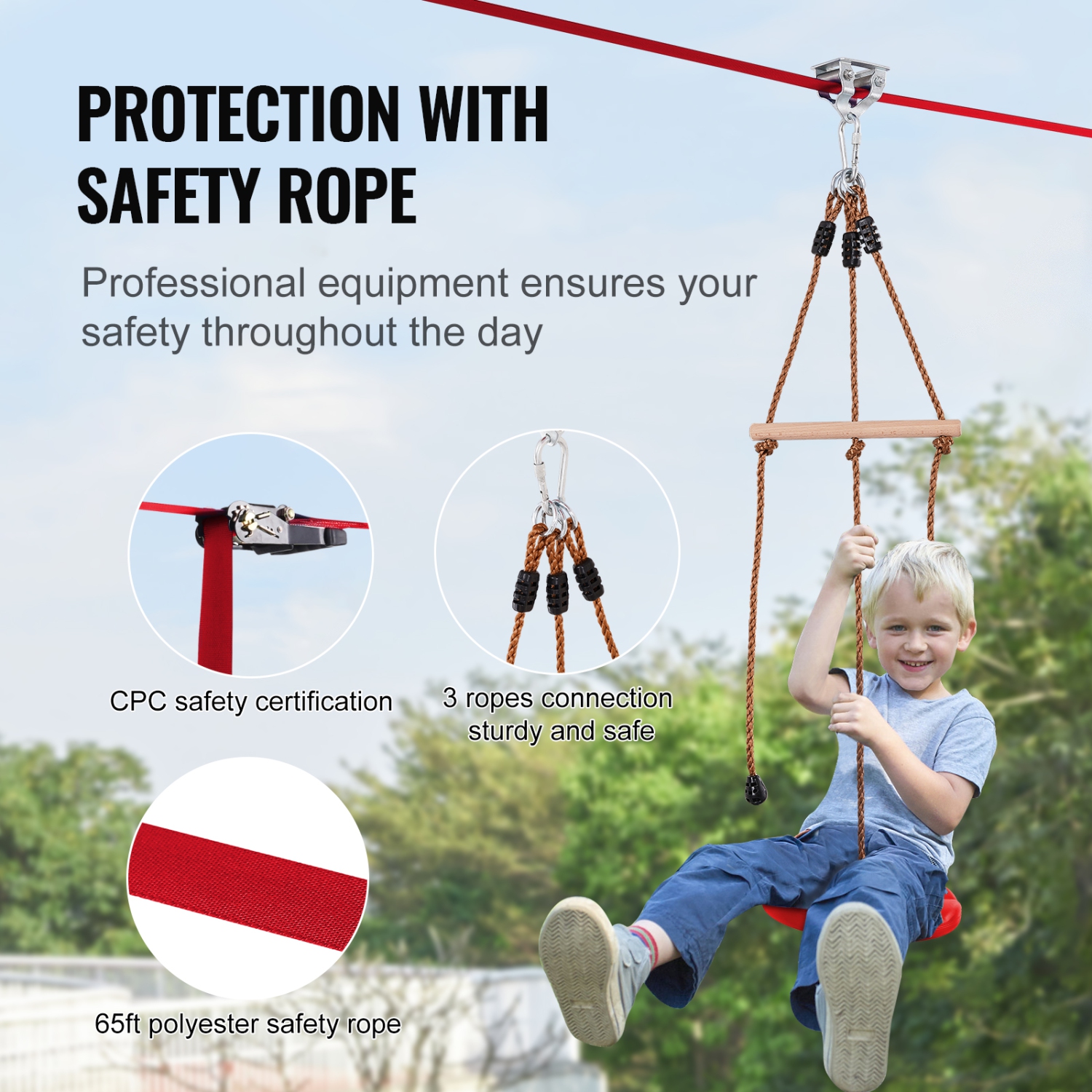 VEVOR 65 ft Zipline Kit for Kids and Adult, Zip Line Kits Up to 500 lb, Backyard Setup Zipline, Playground Entertainment with Zipline, Nylon Safety