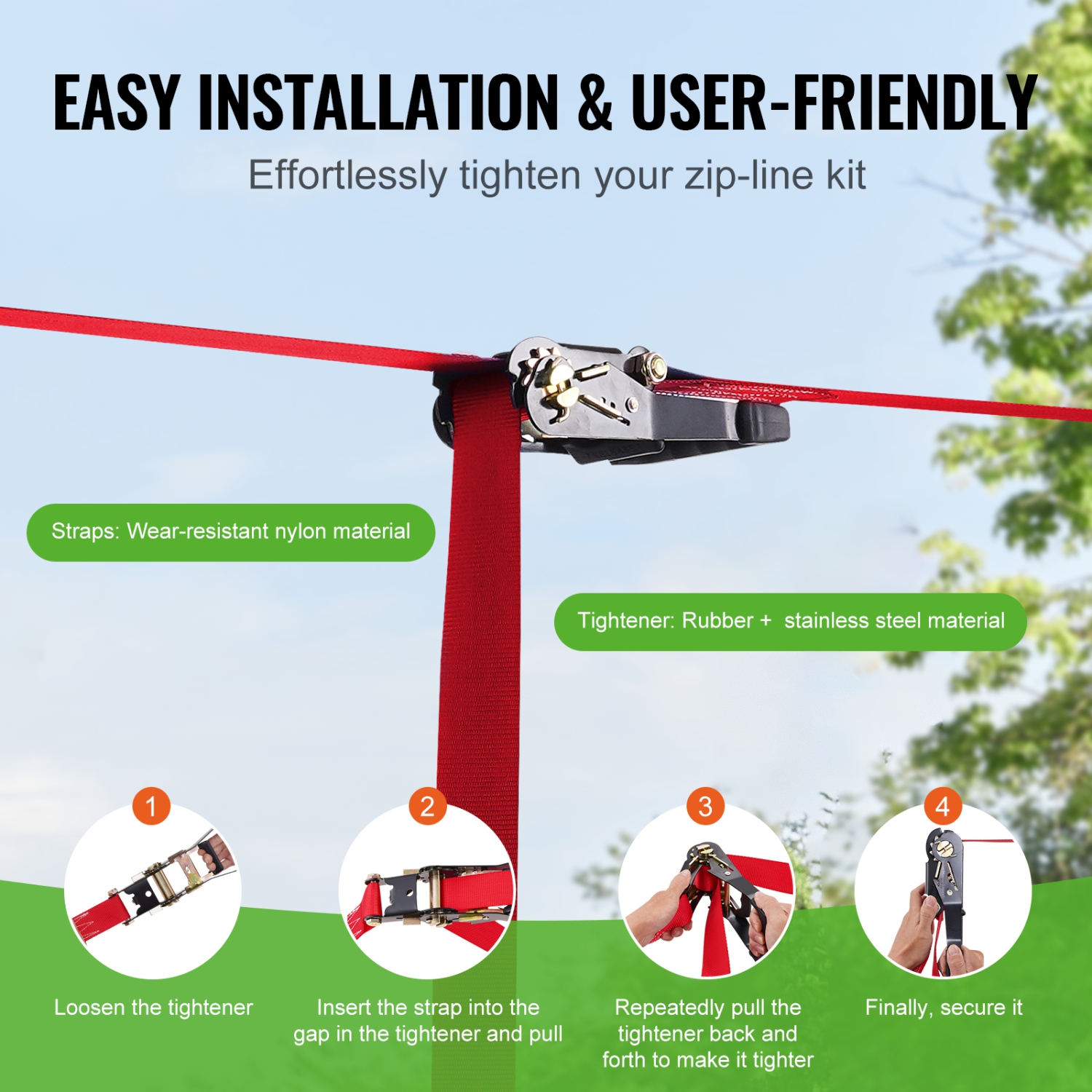 VEVOR 65 ft Zipline Kit for Kids and Adult, Zip Line Kits Up to 500 lb, Backyard Setup Zipline, Playground Entertainment with Zipline, Nylon Safety