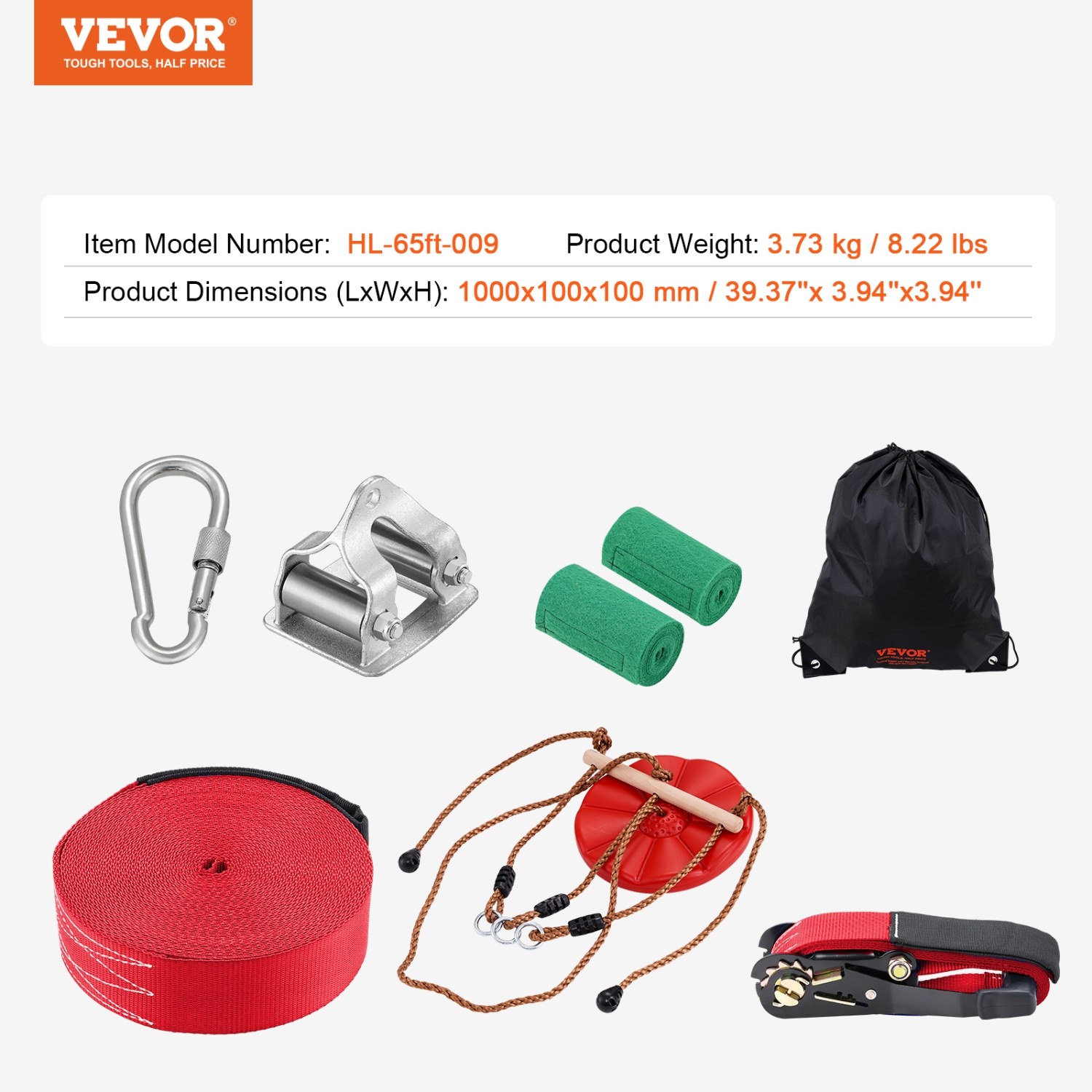 VEVOR 65 ft Zipline Kit for Kids and Adult, Zip Line Kits Up to 500 lb, Backyard Setup Zipline, Playground Entertainment with Zipline, Nylon Safety