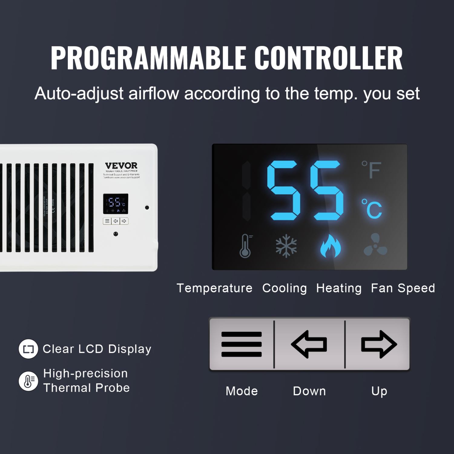 VEVOR 4” x 10” Register Booster Fan, Quiet Vent Booster Fan Fits Register Holes, with Remote Control and Thermostat Control, Adjustable Speed for