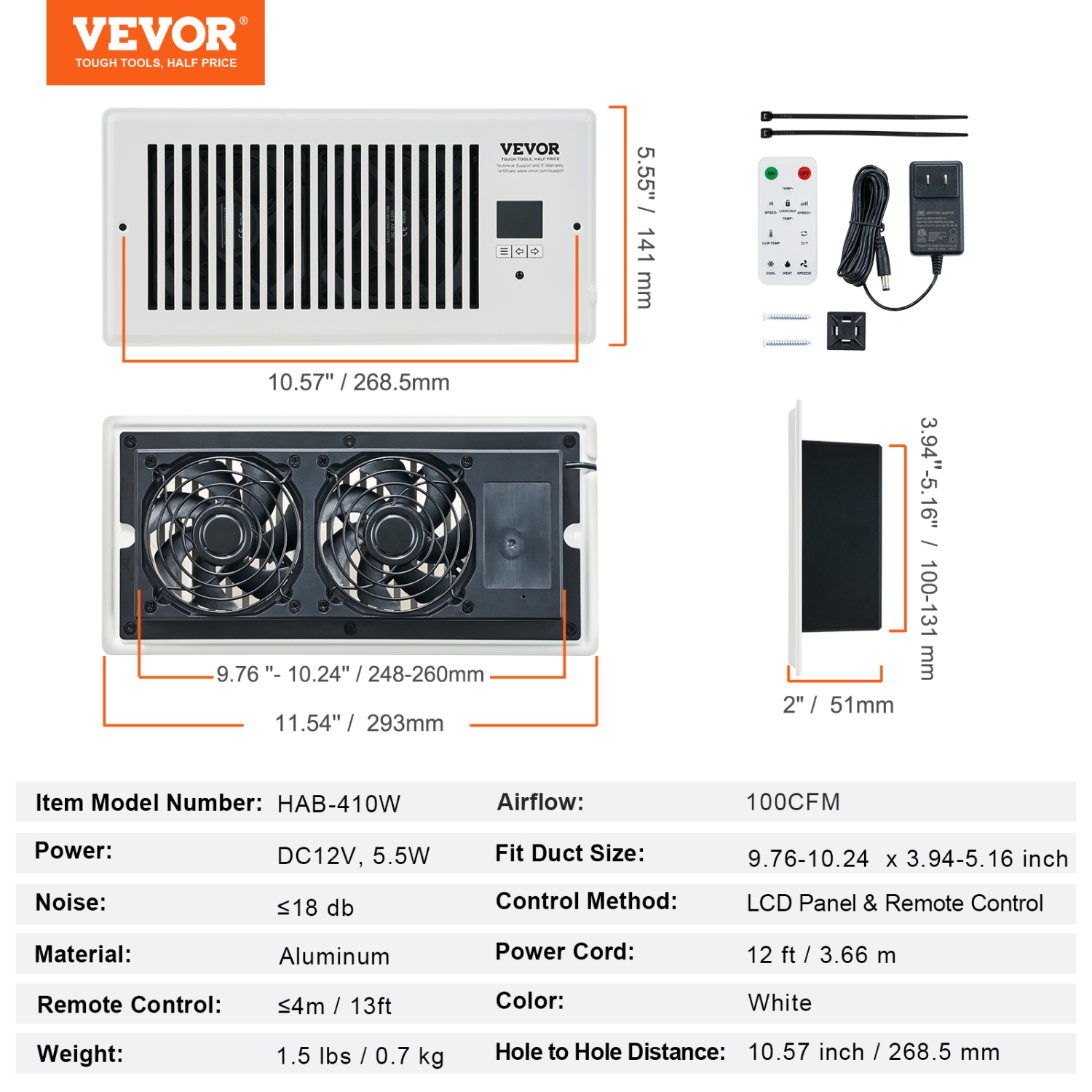 VEVOR 4” x 10” Register Booster Fan, Quiet Vent Booster Fan Fits Register Holes, with Remote Control and Thermostat Control, Adjustable Speed for