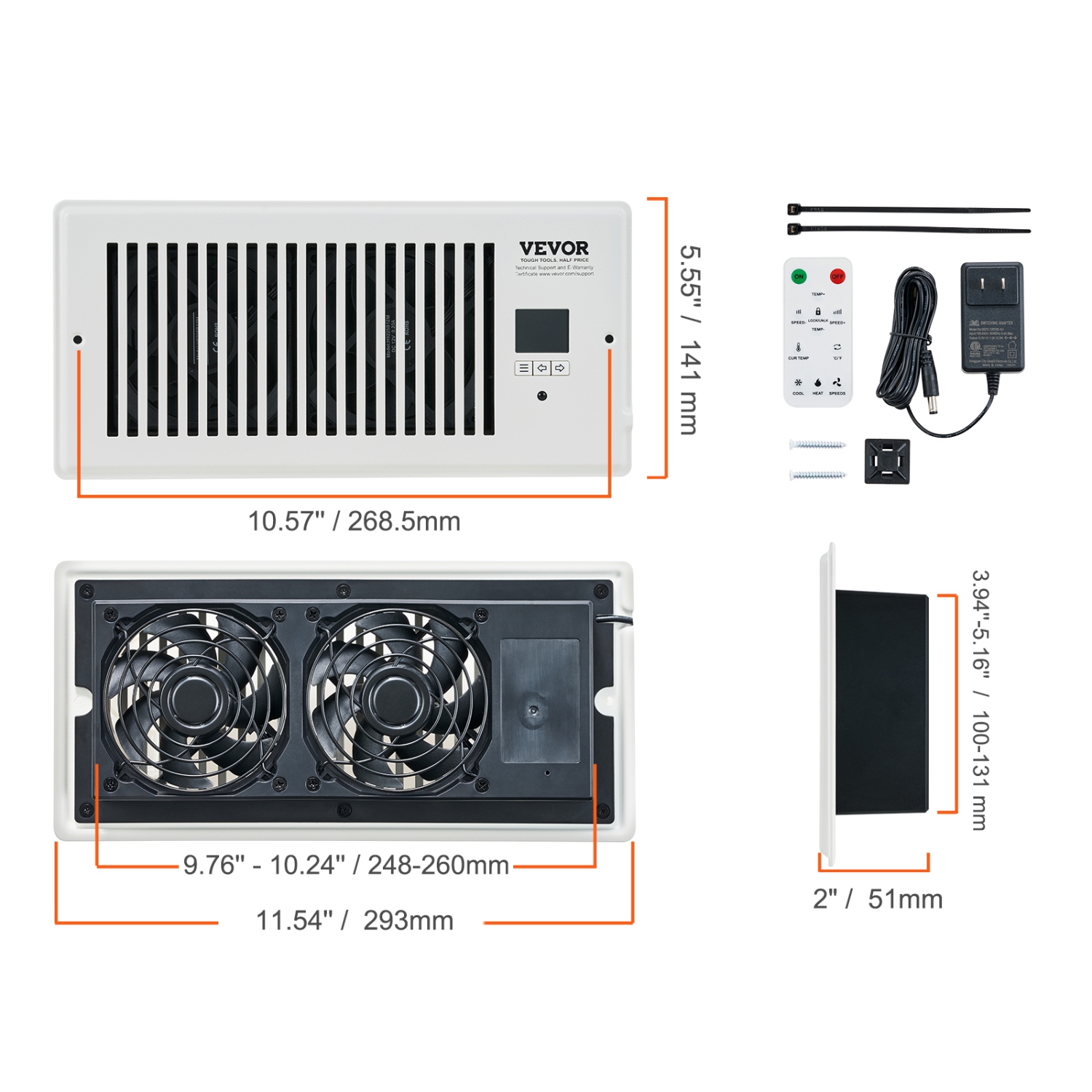 VEVOR 4” x 10” Register Booster Fan, Quiet Vent Booster Fan Fits Register Holes, with Remote Control and Thermostat Control, Adjustable Speed for