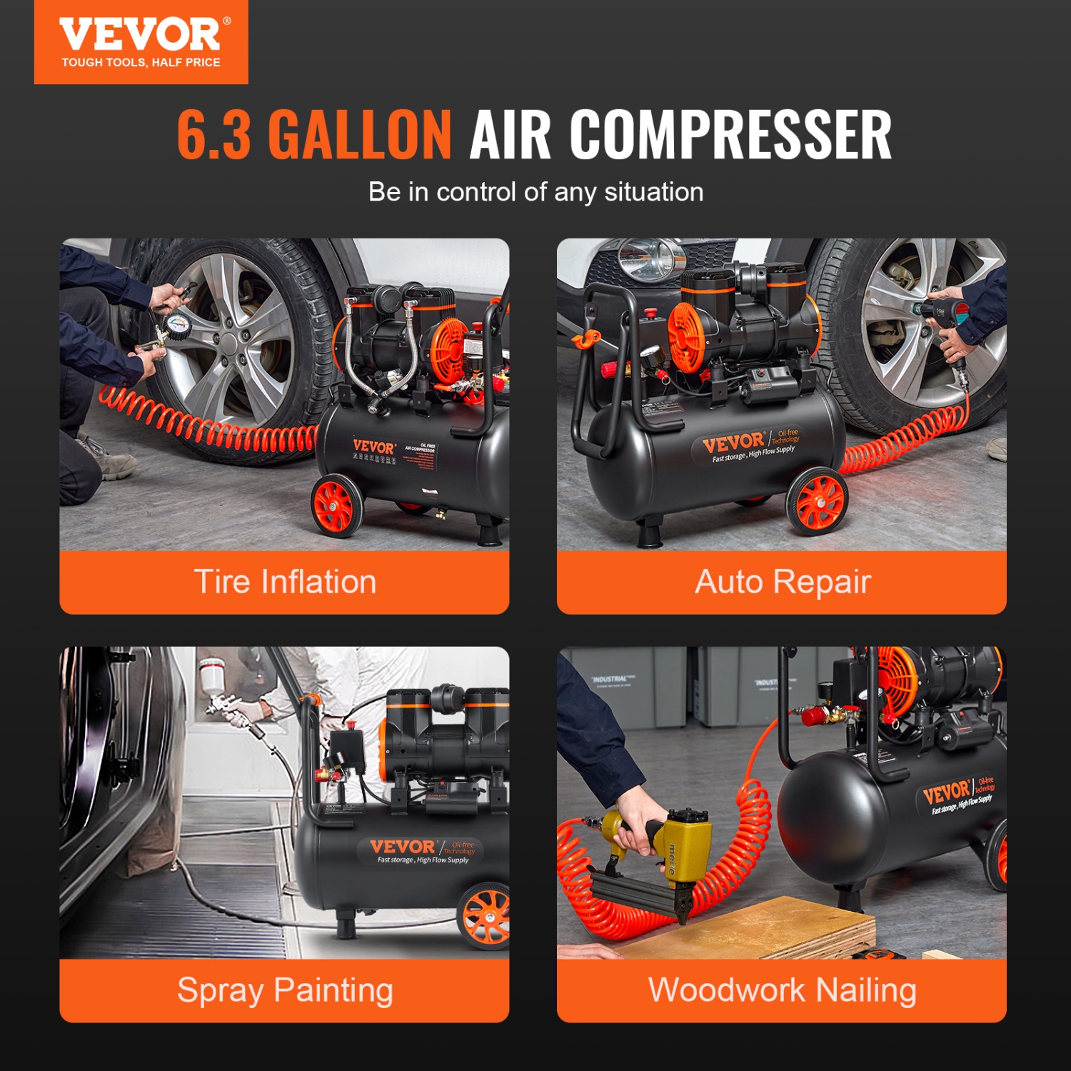 VEVOR 6.3 Gallon Air Compressor, 2 HP 3.35 CFM@90PSI Oil Free Air Compressor Tank&Max. 116PSI Pressure, 70 dB Ultra Quiet Compressor for Auto Repair,