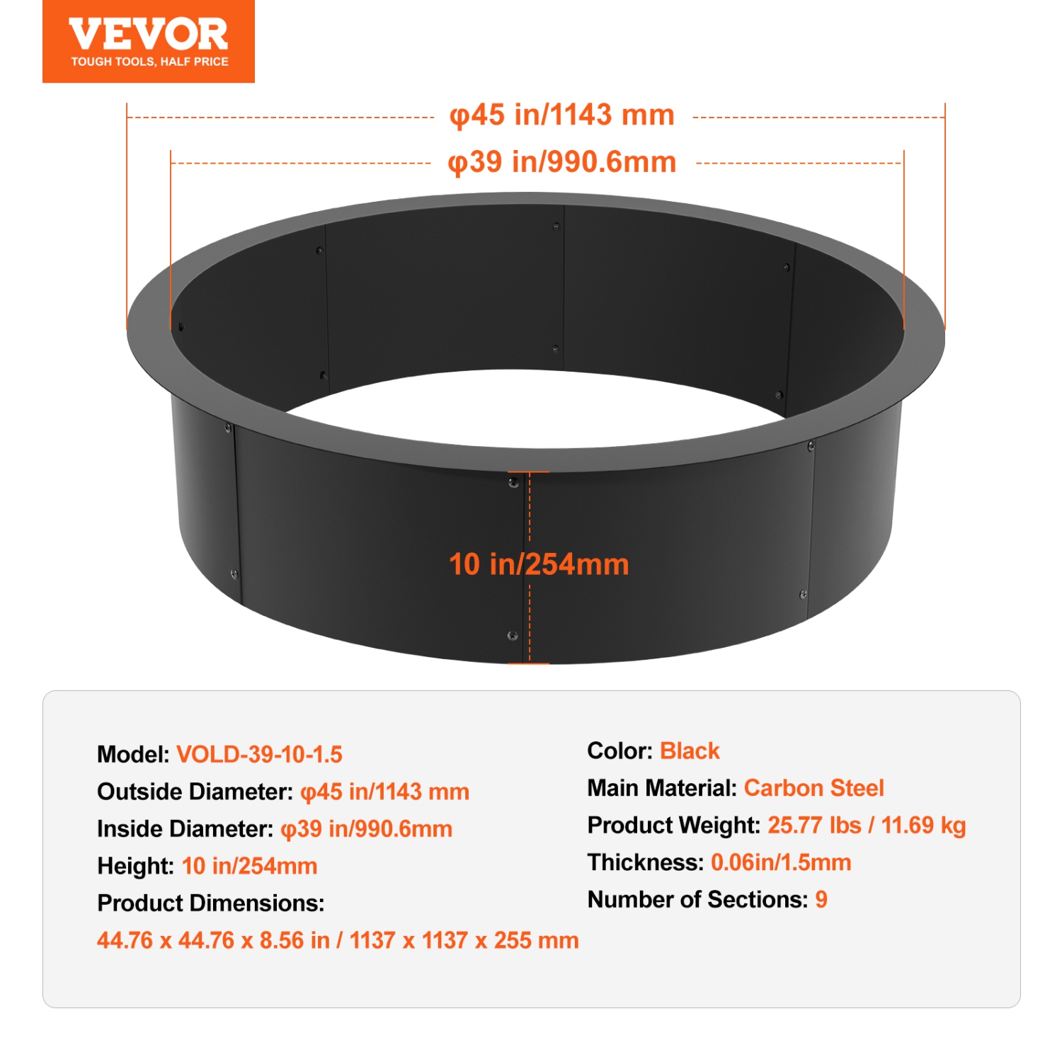 VEVOR 45-Inch Fire Pit Ring, 39-Inch Inner Diameter, 10inch Height Fire Pit Insert,Heavy Duty Carbon Steel Liner DIY Campfire Ring above or