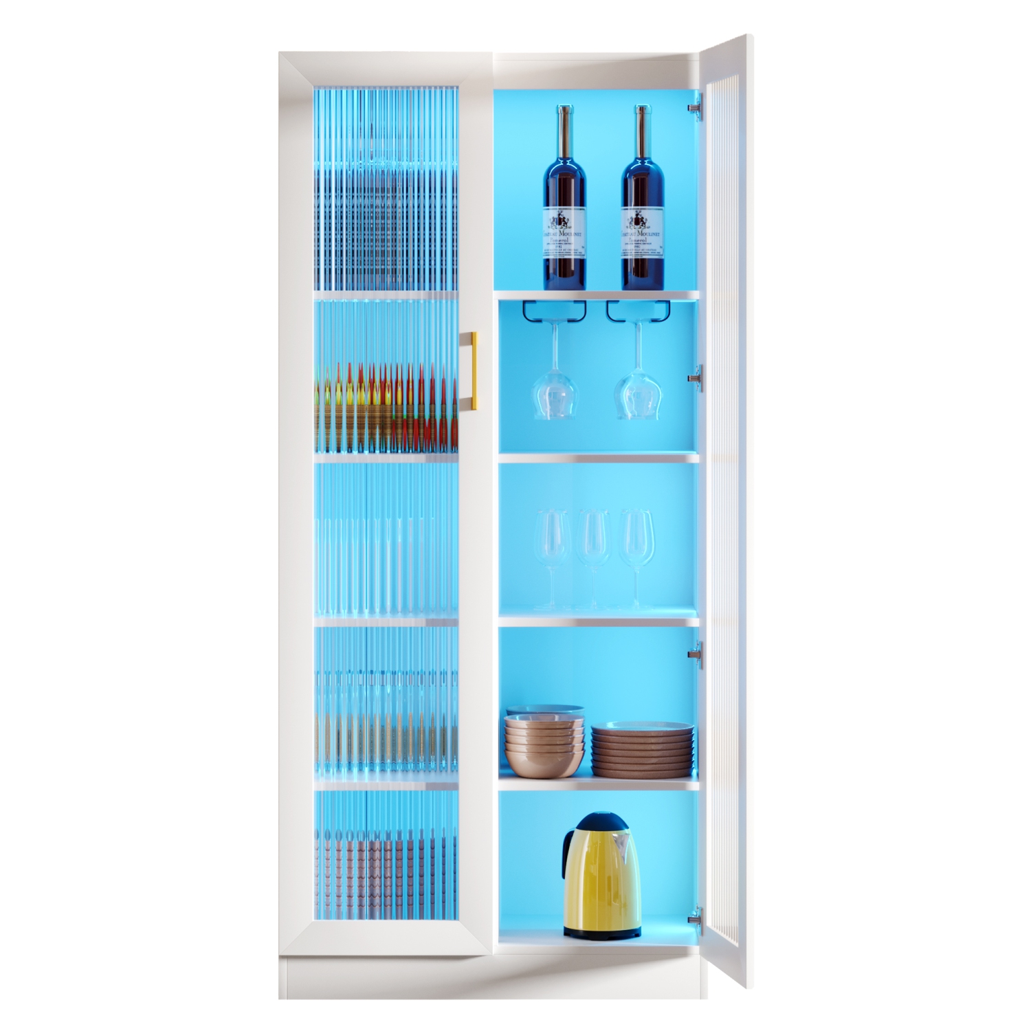 Vlsrka 67" LED Storage Cabinet with Charging Station, Sockets & USB Ports For Kitchen Pantry, Microwave Hutch, Buffet Sideboard with Top & Bottom