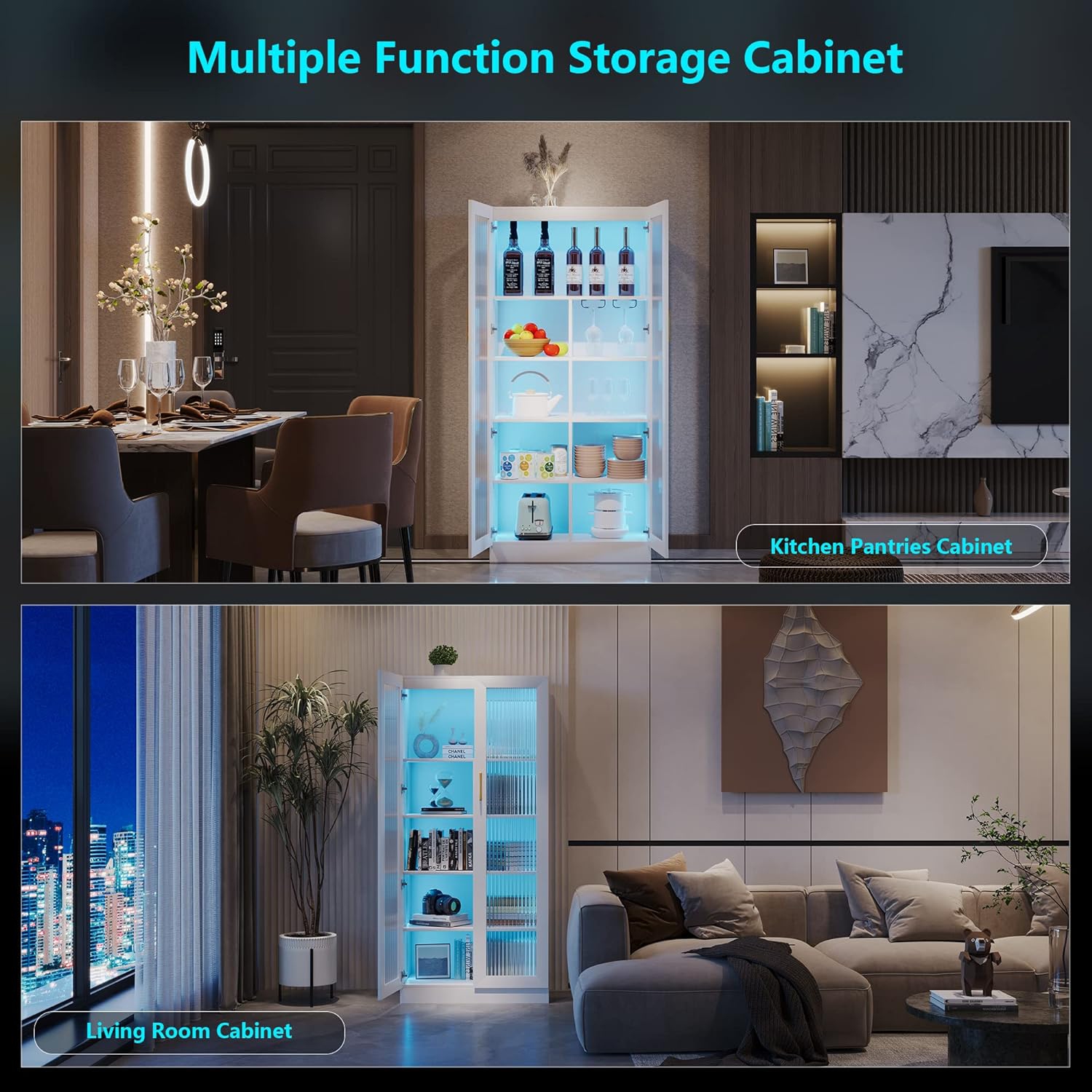 Vlsrka 67" LED Storage Cabinet with Charging Station, Sockets & USB Ports For Kitchen Pantry, Microwave Hutch, Buffet Sideboard with Top & Bottom