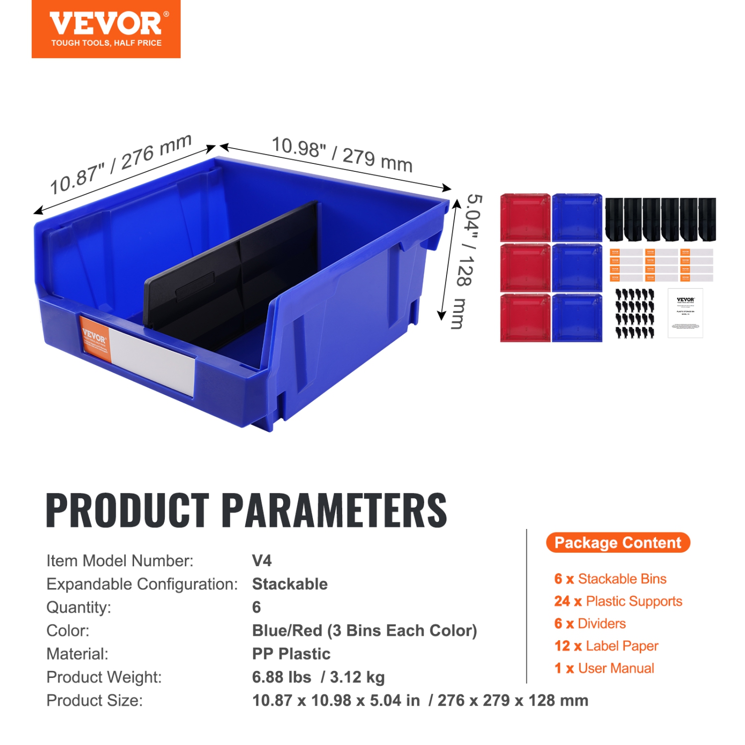 VEVOR 11-Inch x 11-Inch x 5-Inch Plastic Storage Bin, Hanging Stackable Storage Organizer Bin, Blue/Red, 6-Pack, Heavy Duty Stacking Containers for