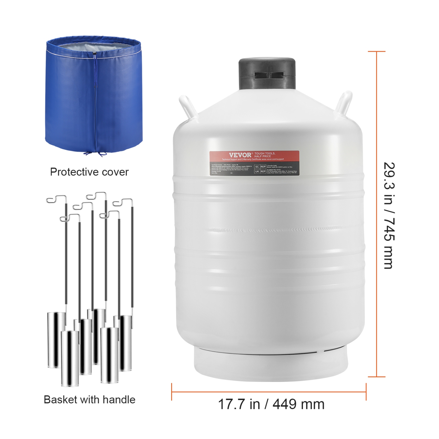 VEVOR 30 L Liquid Nitrogen Tank, Aluminum Alloy Liquid Nitrogen Container, LN2 Tank Dewar with 6 Canisters and Carry Bag with Straps, Cryogenic Tank