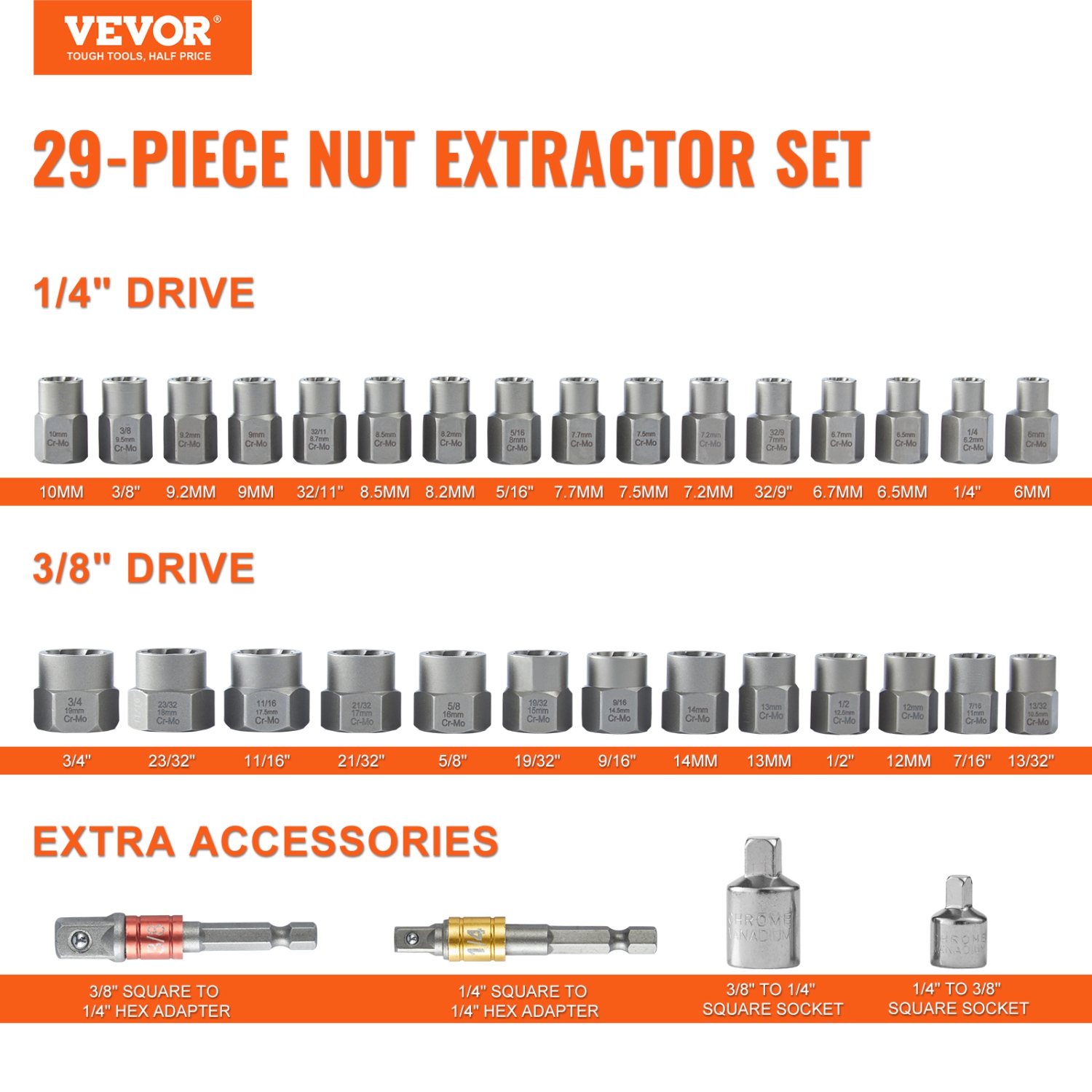 VEVOR 29-Piece Bolt Extractor Set, Bolt and Nut Remover Set, 6mm to 10mm, 13/32" to 3/4", CR-MO Steel Extraction Socket Set with Storage Case, for
