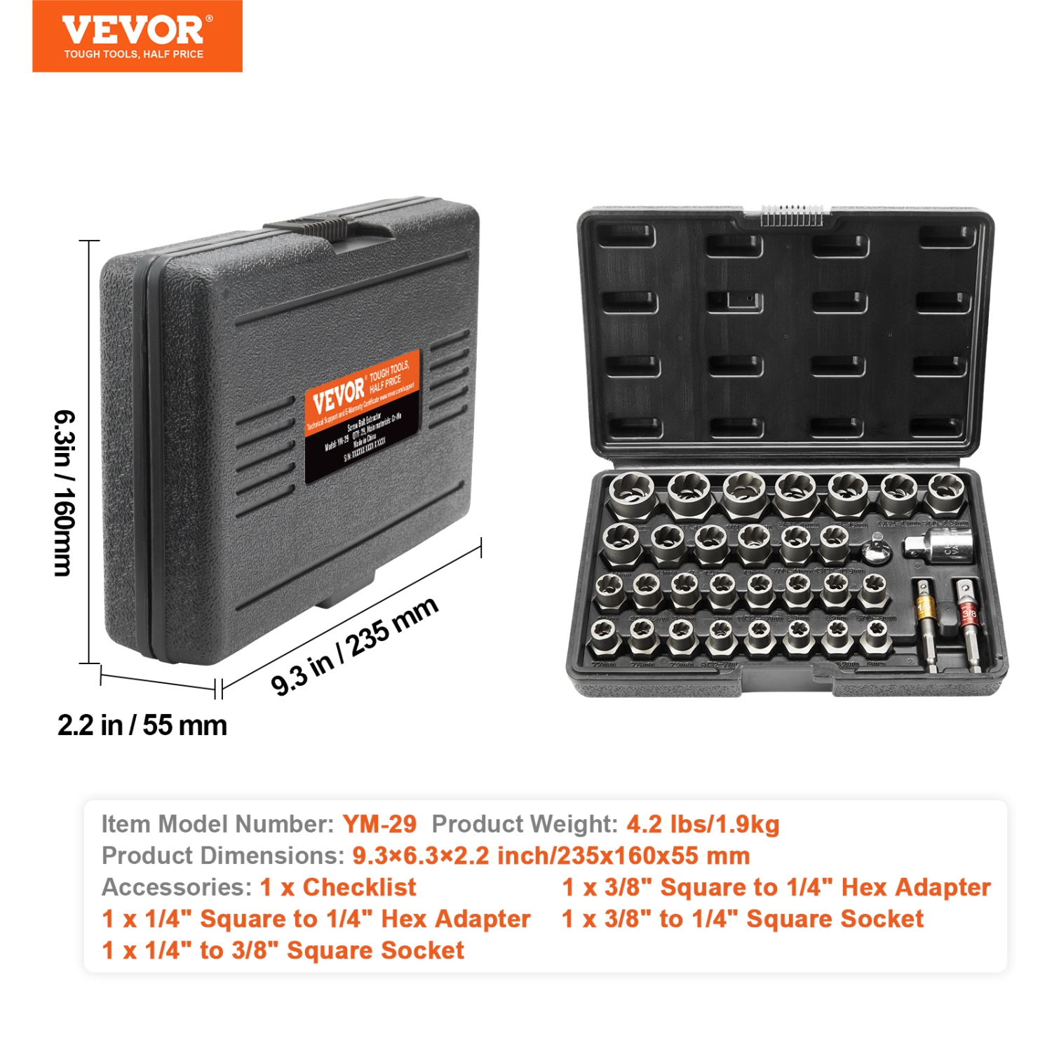 VEVOR 29-Piece Bolt Extractor Set, Bolt and Nut Remover Set, 6mm to 10mm, 13/32" to 3/4", CR-MO Steel Extraction Socket Set with Storage Case, for