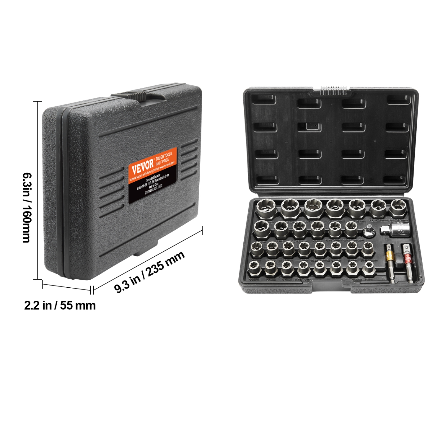VEVOR 29-Piece Bolt Extractor Set, Bolt and Nut Remover Set, 6mm to 10mm, 13/32" to 3/4", CR-MO Steel Extraction Socket Set with Storage Case, for