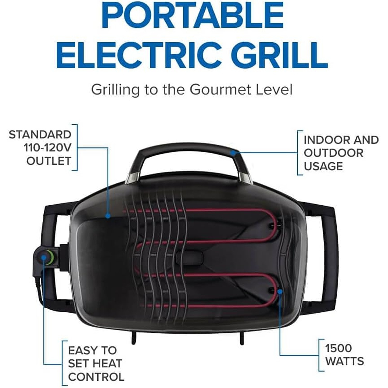 Napoleon TravelQ PRO285E Portable Electric Grill, 1500W, 285 in² Cooking Area, Cast Iron Grids, Temp Gauge, Black.