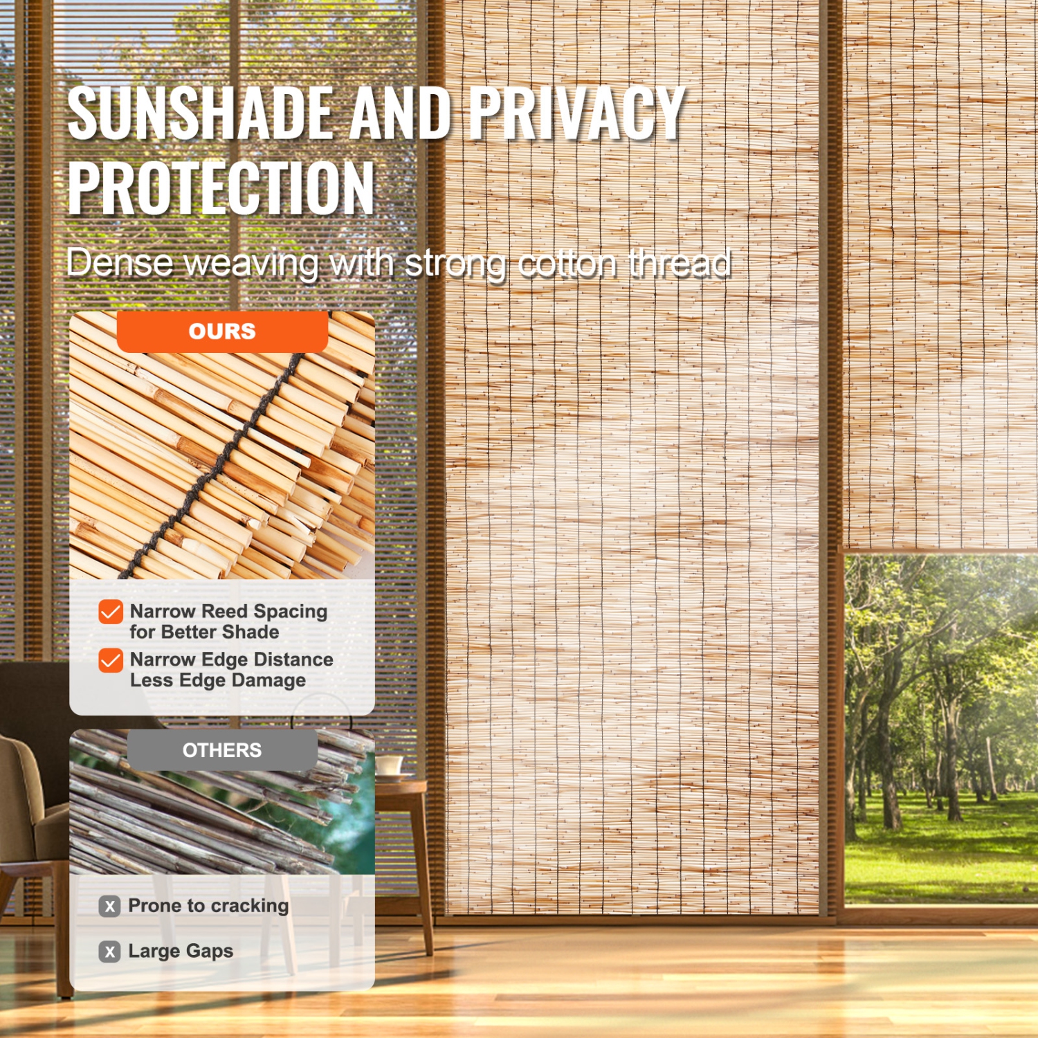 VEVOR 4 ft x 16.4 ft, Natural Reed Fencing, Reed Screen Curtain Balcony Reed Fence Roll for Outdoor Backyard Patio, Decorative Fence for Backyard