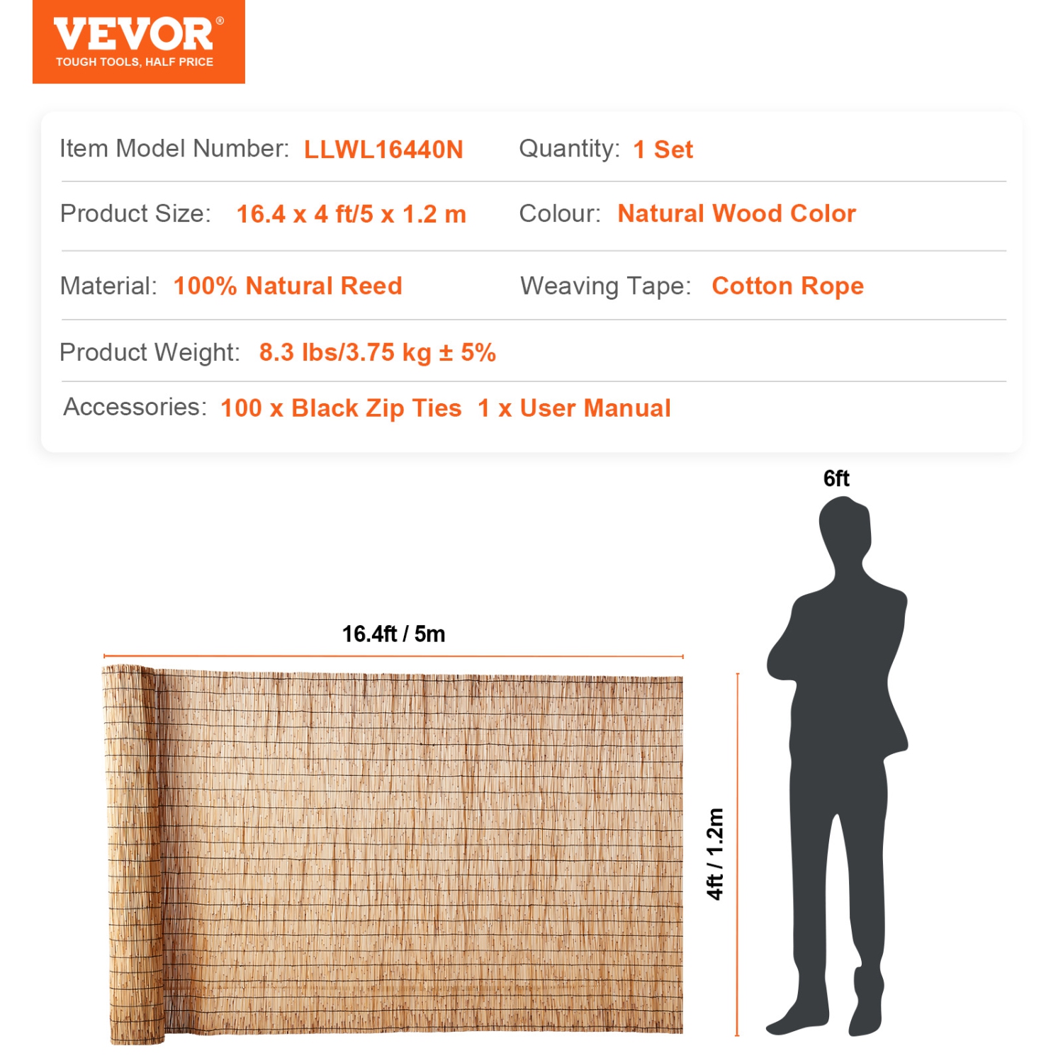VEVOR 4 ft x 16.4 ft, Natural Reed Fencing, Reed Screen Curtain Balcony Reed Fence Roll for Outdoor Backyard Patio, Decorative Fence for Backyard