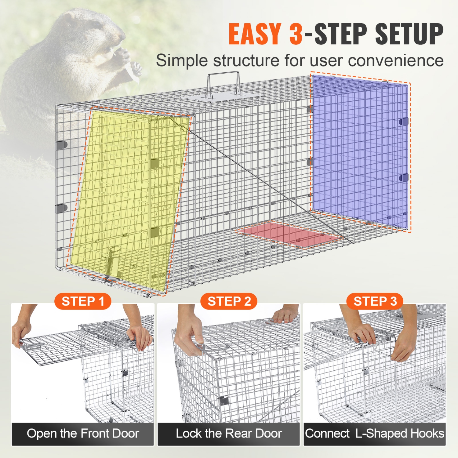 Piège à cage pour animaux vivants de 42 x 16 x 18&nbsp;po de VEVOR, fer galvanisé Humane Cat Trap, piège à animaux pliable avec poignée pour chiens