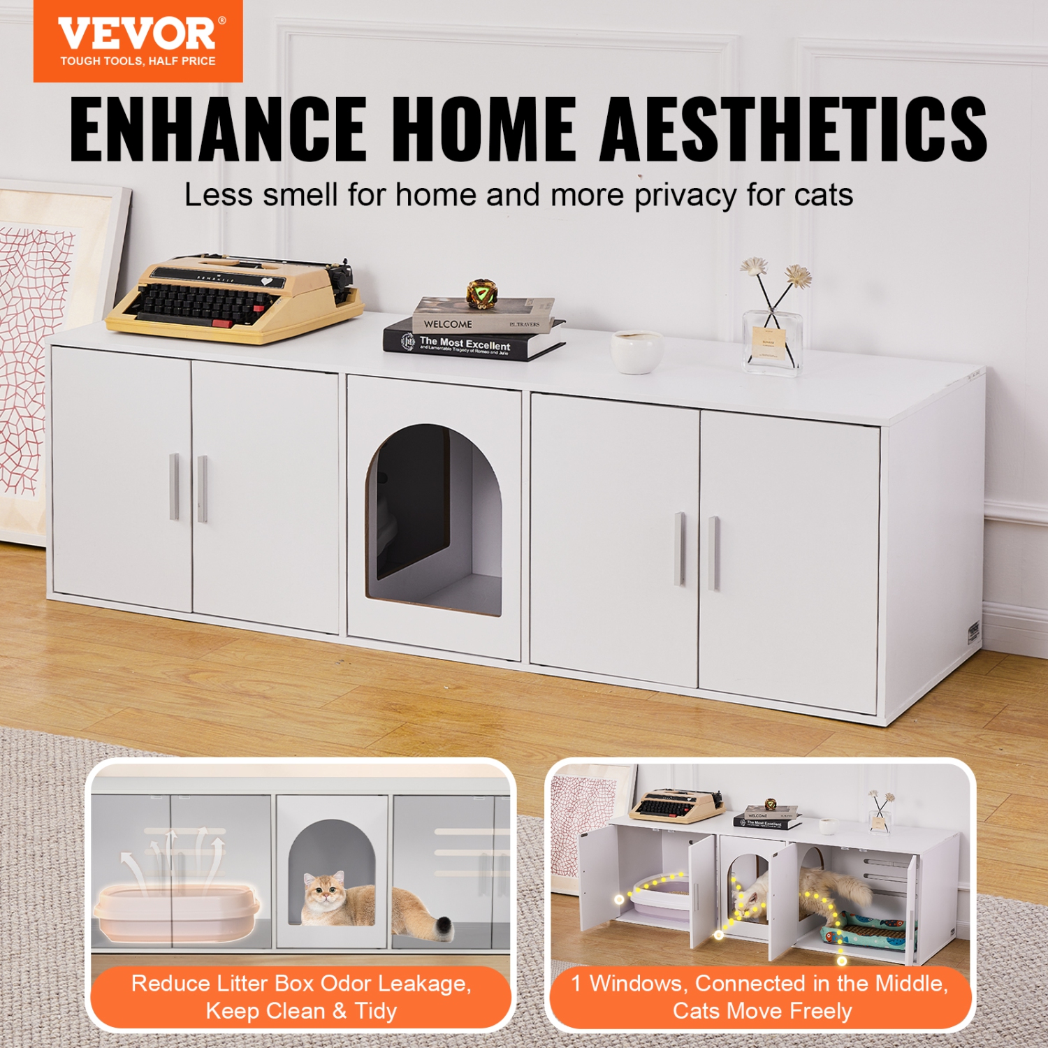 VEVOR 2 Cats of Cat Litter Box Enclosure, Litter Box Furniture Hidden with Double Rooms, Wooden Cat Box Cabinet Fit Most of Litter Box, 57.9"L x