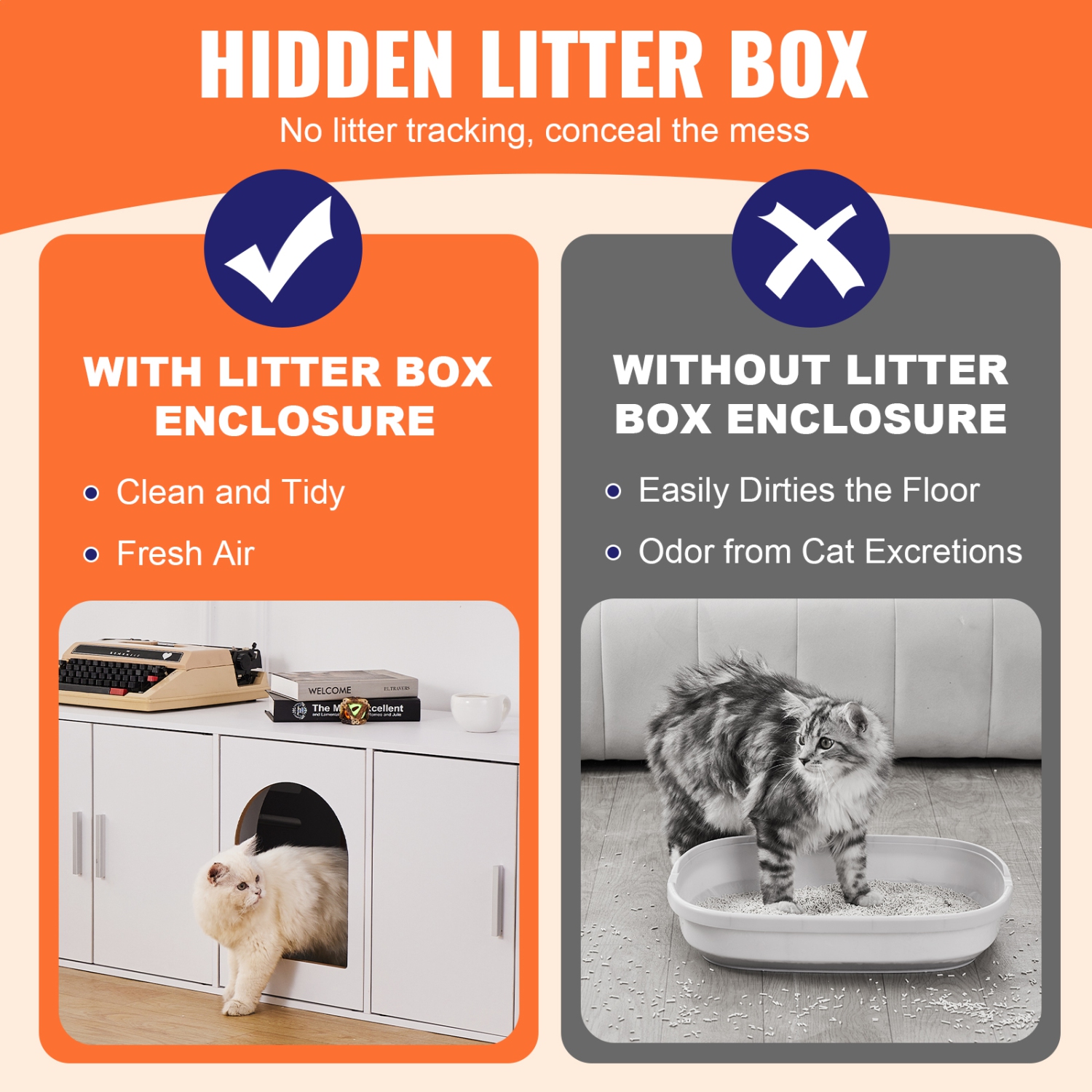 VEVOR 2 Cats of Cat Litter Box Enclosure, Litter Box Furniture Hidden with Double Rooms, Wooden Cat Box Cabinet Fit Most of Litter Box, 57.9"L x