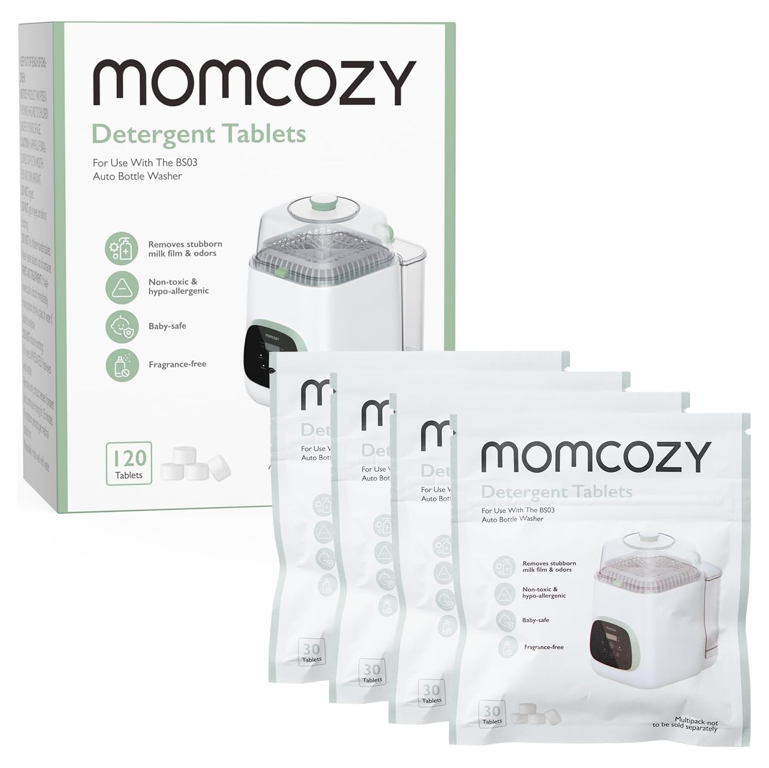 Bloc de lavage officiel Momcozy, 120 tablettes pour lave-biberon KleanPal Pro – Nettoyage efficace et élimination des odeurs