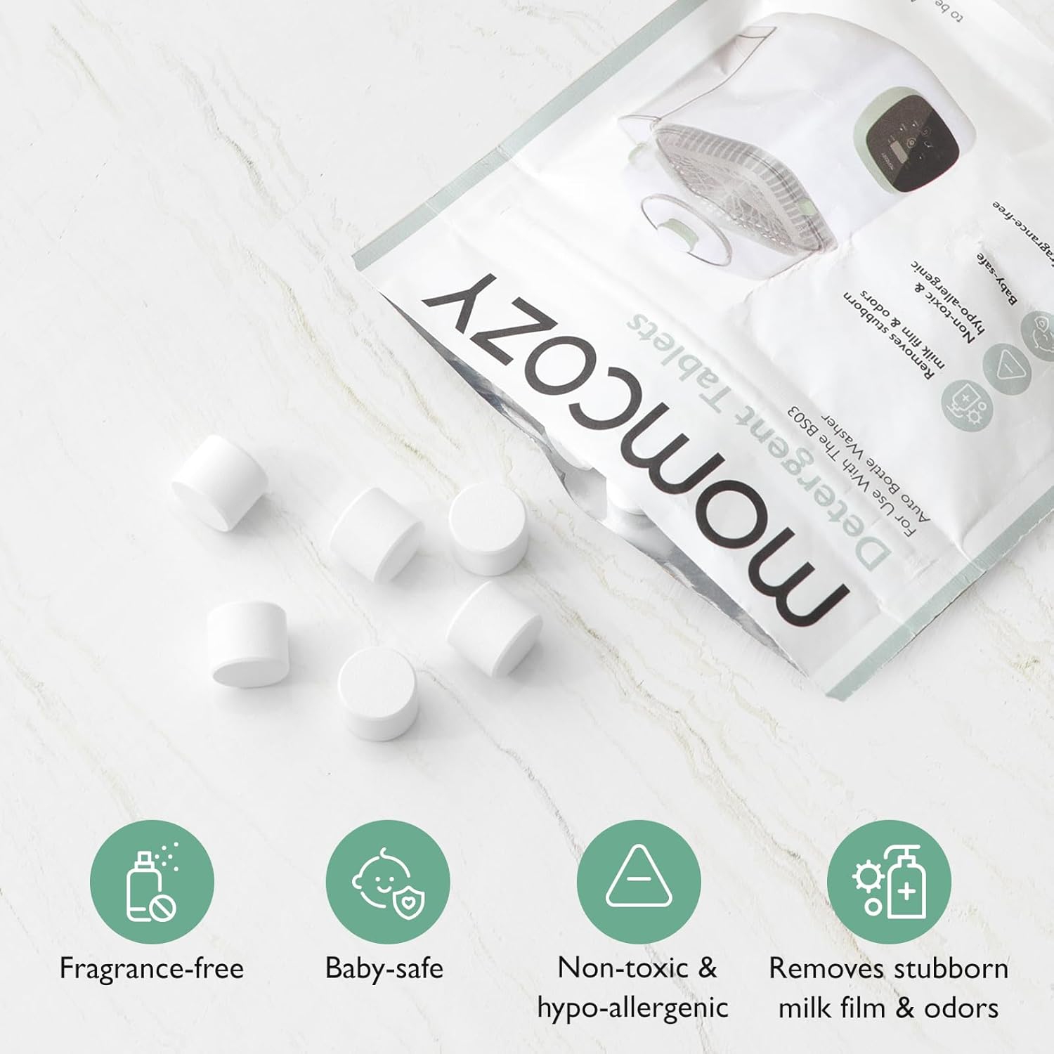 Bloc de lavage officiel Momcozy, 120 tablettes pour lave-biberon KleanPal Pro – Nettoyage efficace et élimination des odeurs