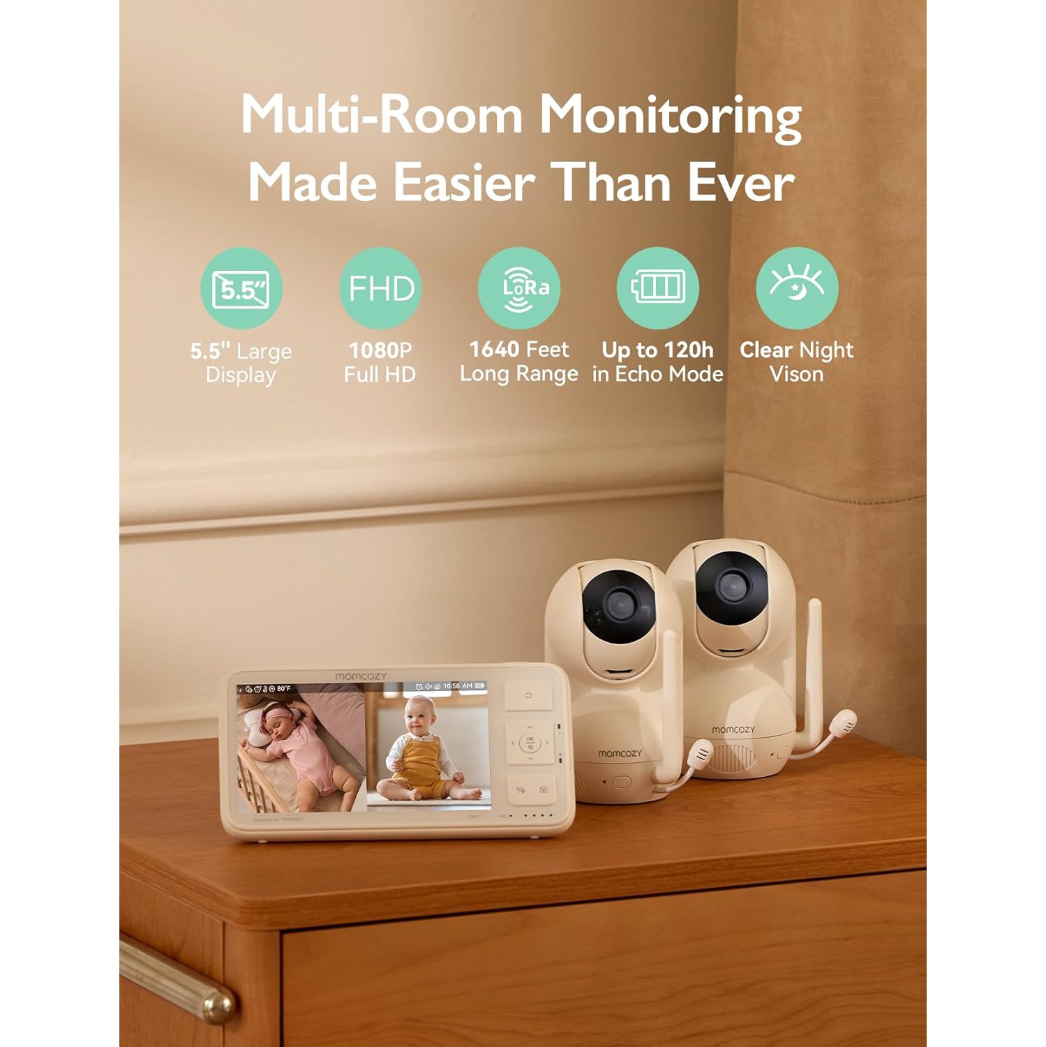 Momcozy Video Baby Monitor, 5.5” 1080P Full HD Baby Monitor with Camera No WiFi, Infrared Night Vision, 5800mAh 120-hrs Battery, ECO, VOX, 2-Way