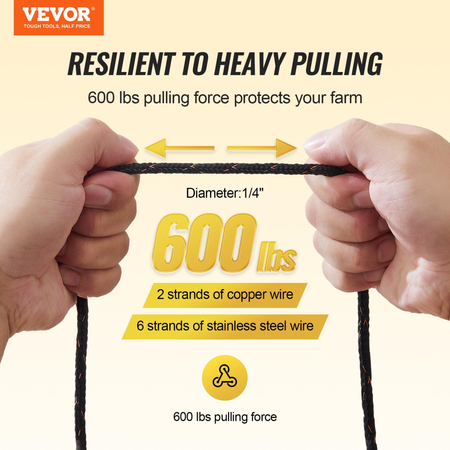 VEVOR 1/4" Diameter ,Electric Fence Wire, 1000Ft 305M Portable Polywire, 2 Copper Strands for Reliable Conductivity and Rust Resistance, Fencing Rope