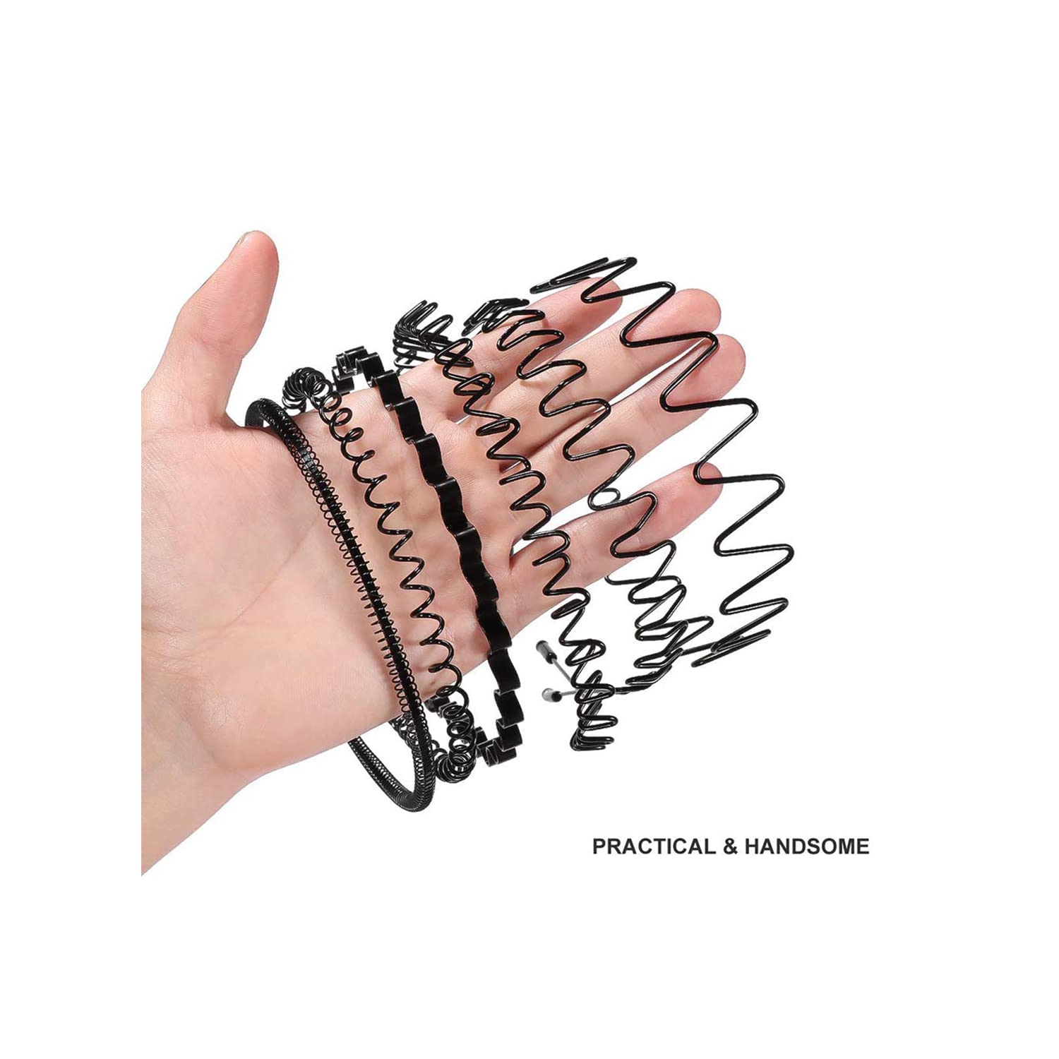 6 morceaux Bandeaux en métal Bandeau ondulé Anneau à cheveux Ressort Sangles mode Bracelets unisexe Noir Élastique antidérapant Casques simples