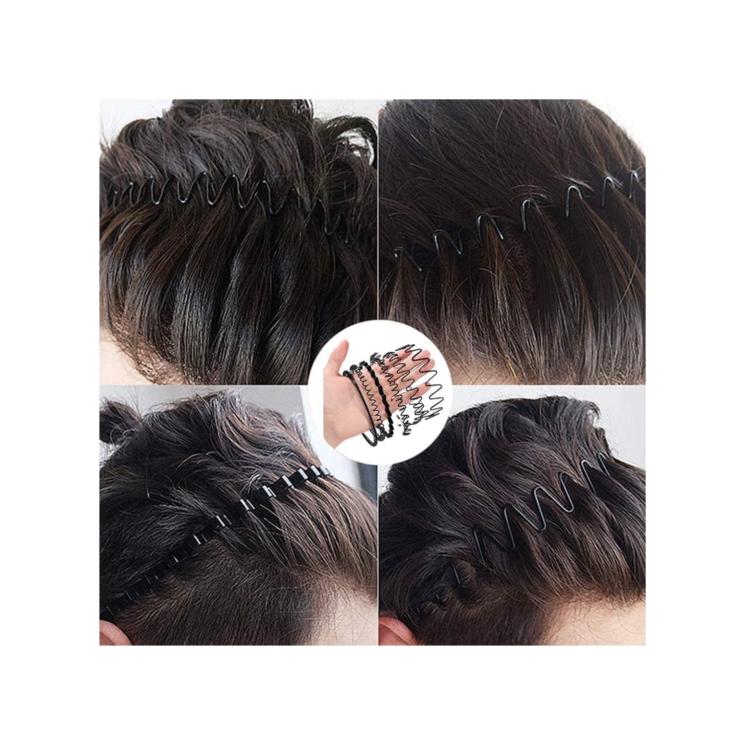 6 morceaux Bandeaux en métal Bandeau ondulé Anneau à cheveux Ressort Sangles mode Bracelets unisexe Noir Élastique antidérapant Casques simples