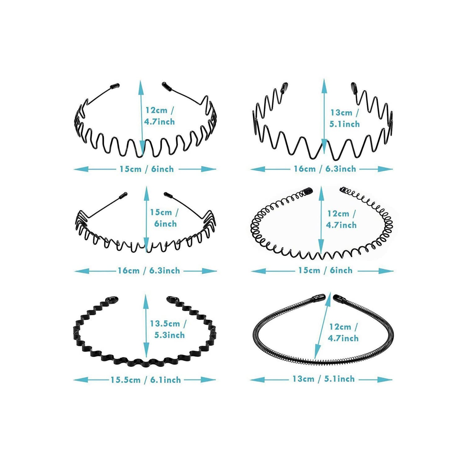 6 morceaux Bandeaux en métal Bandeau ondulé Anneau à cheveux Ressort Sangles mode Bracelets unisexe Noir Élastique antidérapant Casques simples