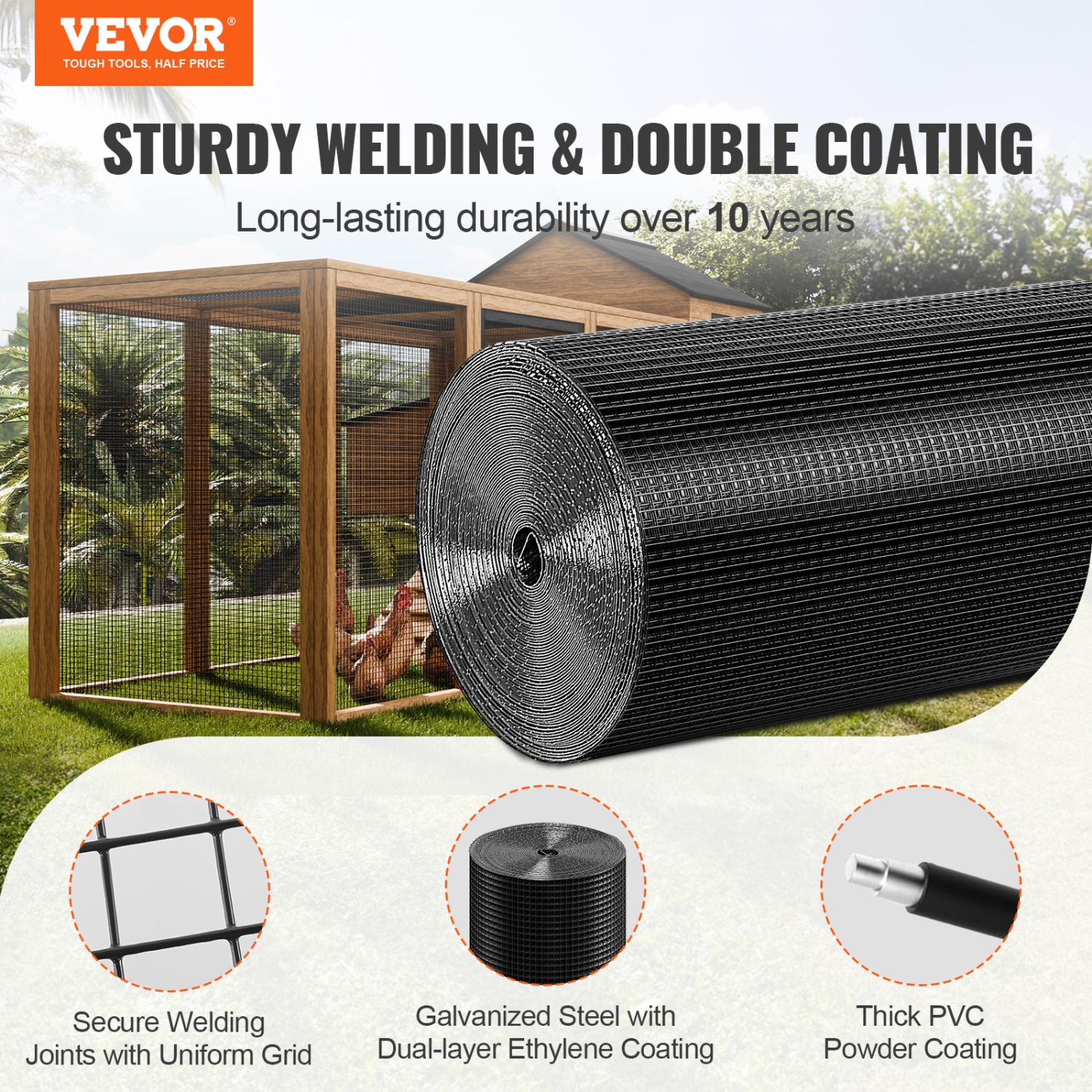 VEVOR 24in x 100ft Hardware Cloth, Galvanized Wire Mesh Roll, 19 Gauge Chicken Wire Fence Roll, Vinyl Coating Metal Wire Mesh for Chicken Coop