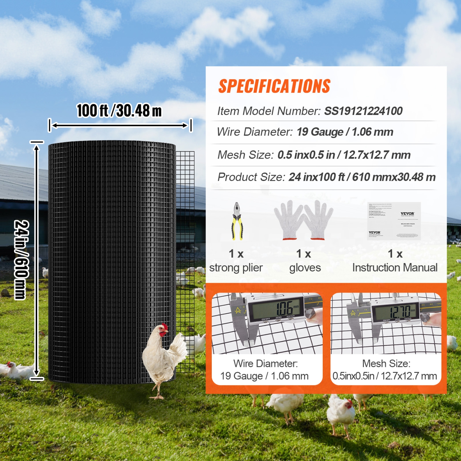 VEVOR 24in x 100ft Hardware Cloth, Galvanized Wire Mesh Roll, 19 Gauge Chicken Wire Fence Roll, Vinyl Coating Metal Wire Mesh for Chicken Coop