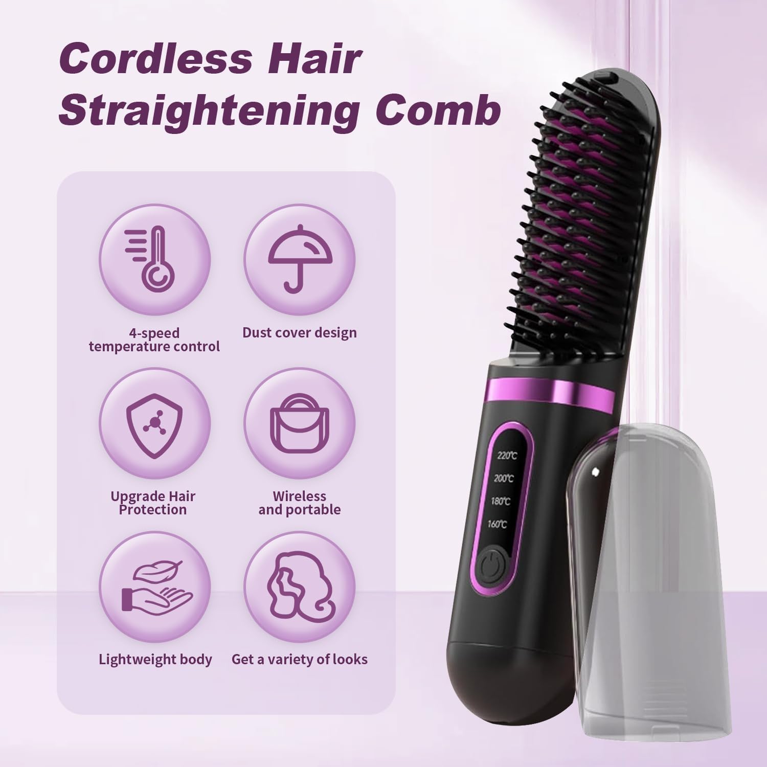 Cordless Hair Straightener Brush & Travel Hair Brush,4-Temp LCD Display,Anti-Scald,Portable Mini Beard Straightener,Hot Comb Styling Tool with