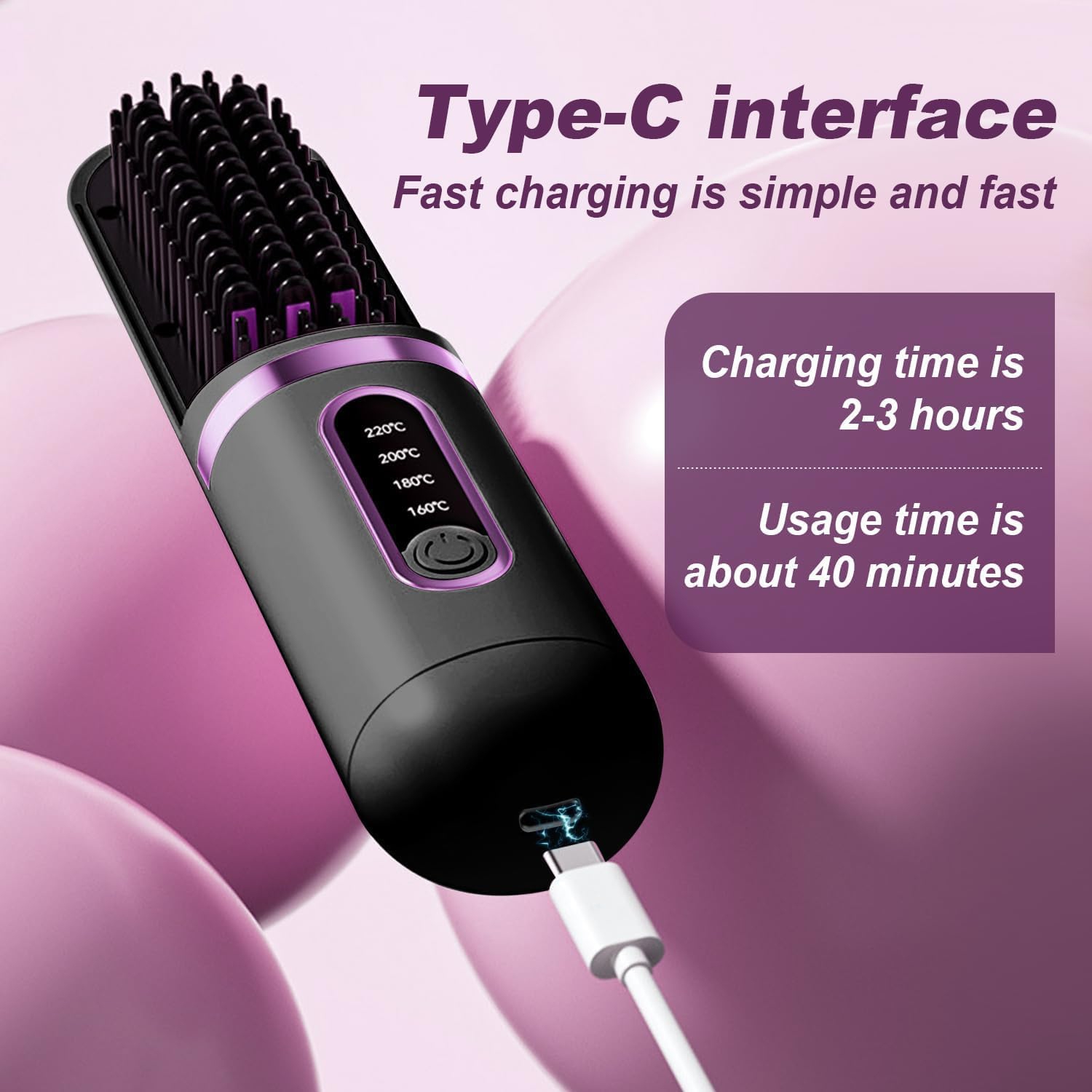 Cordless Hair Straightener Brush & Travel Hair Brush,4-Temp LCD Display,Anti-Scald,Portable Mini Beard Straightener,Hot Comb Styling Tool with