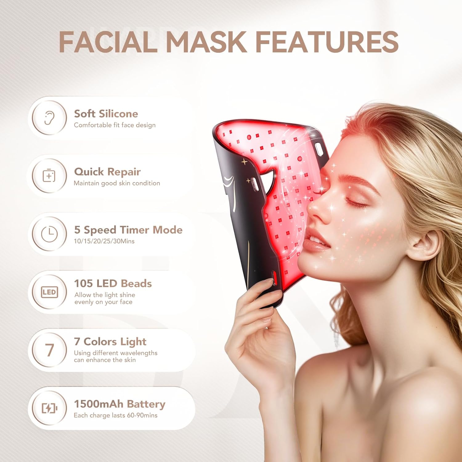 Masque thérapeutique portatif LED pour le visage, 7 couleurs avec télécommande, Masque facial à infrarouge et lumière rouge 850NM Utilisation à