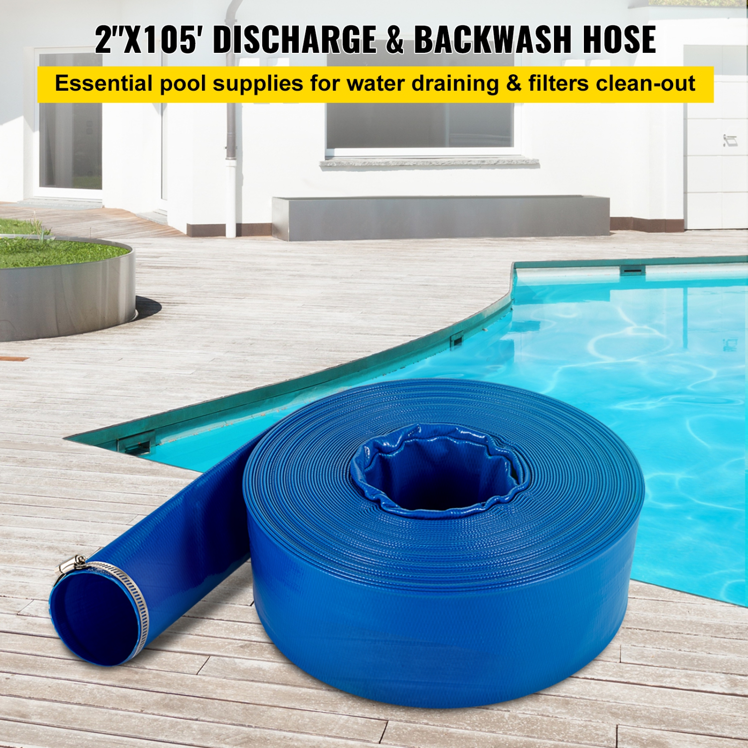 VEVOR 2" x 105' Discharge Hose, PVC Fabric Lay Flat Hose, Heavy Duty Backwash Drain Hose with Clamps, Weather-proof & Burst-proof, Ideal for Swimming