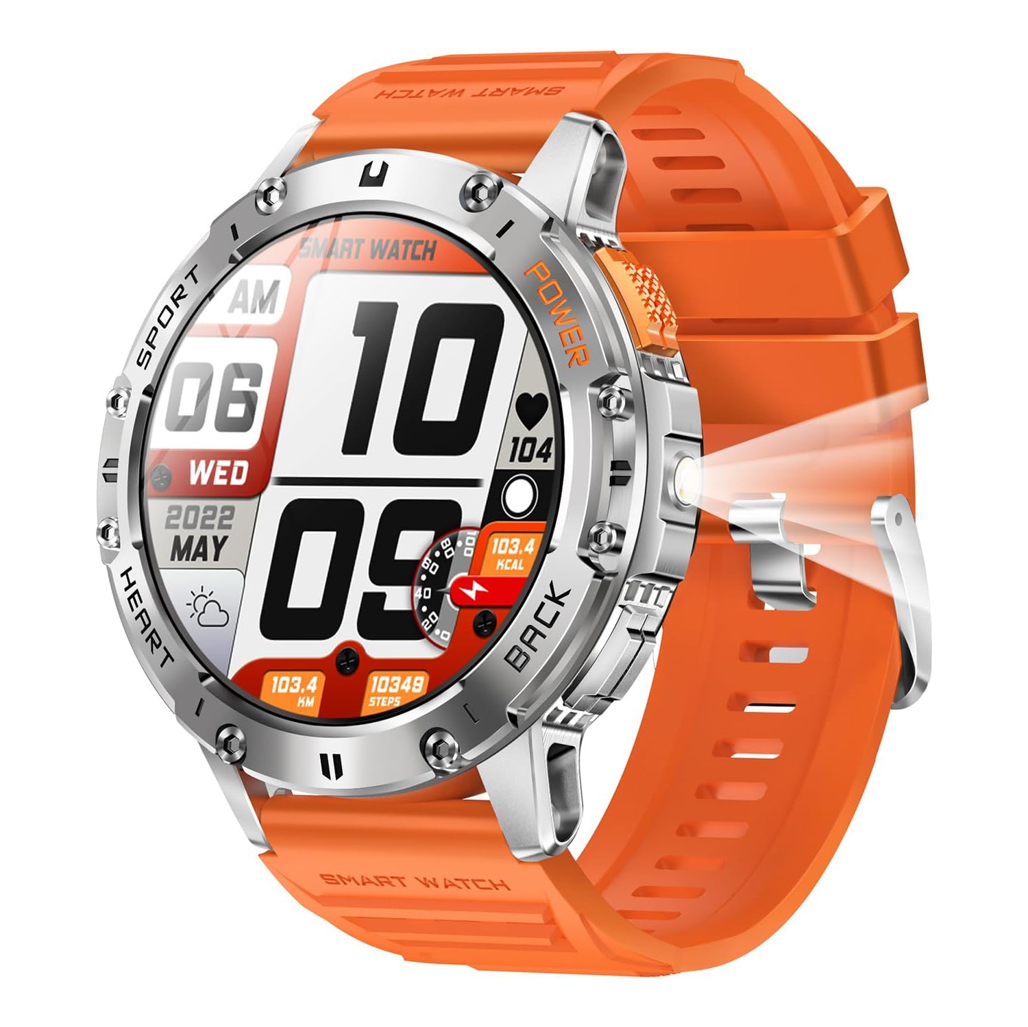 Men's Sports Smartwatch with LED Flashlight, Outdoor Fitness Tracker Watch, Digital Health Blood Pressure Heat Rate Sleep Monitor, Orange