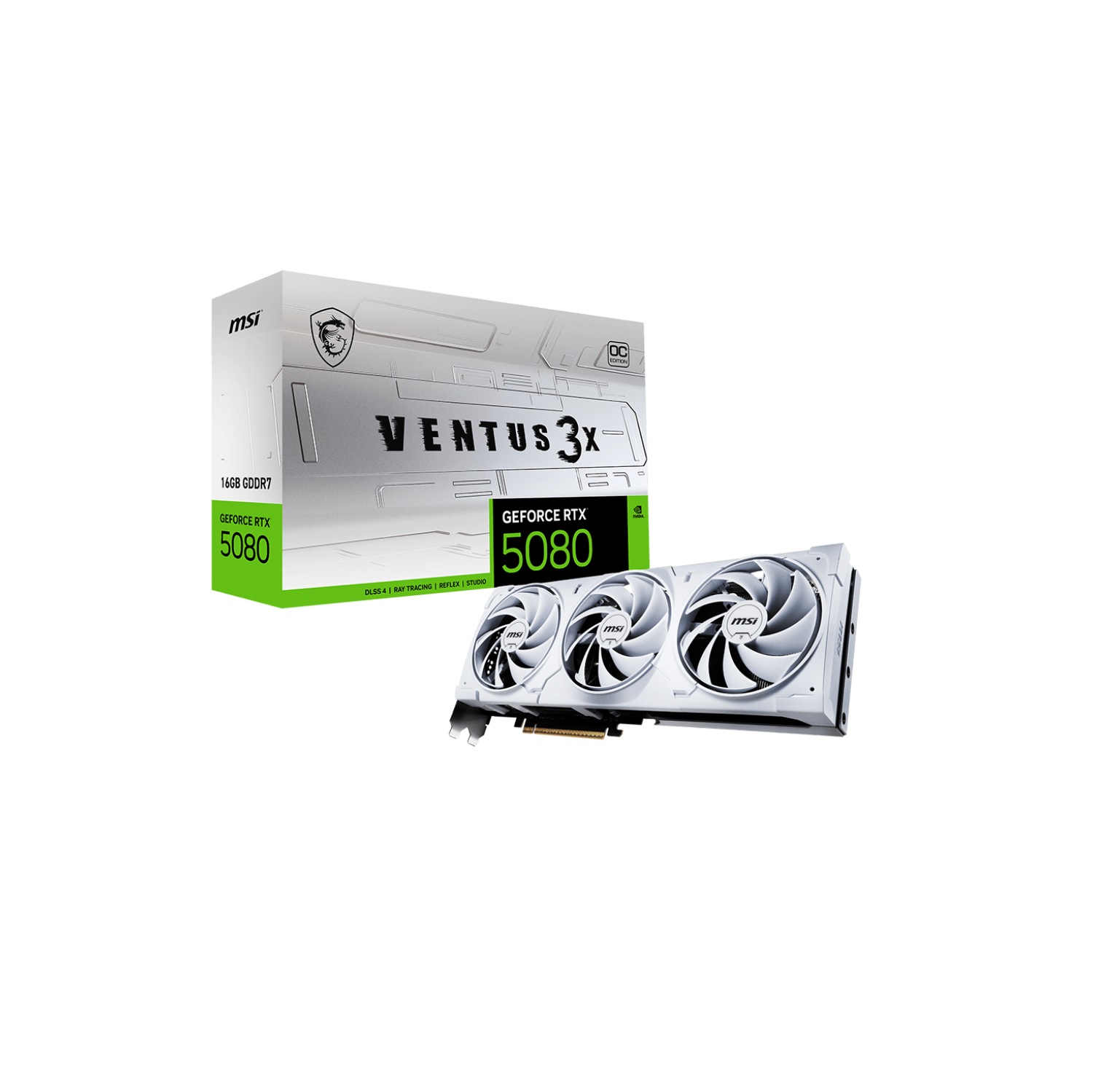 MSI RTX 5080 16G VENTUS 3X OC WHITE Graphics Card, GDDR7 16G, PCI-E 5, 30Gbps, 256 bits, 16-pin x 1, HDMI 1 (2.1b), DP 3 (2.1a)